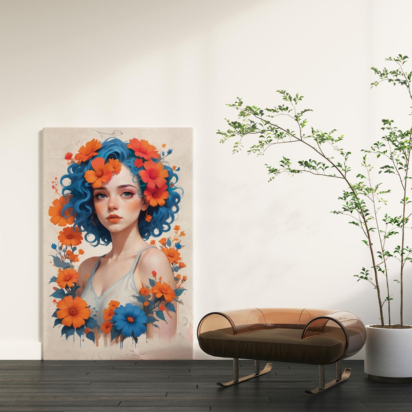 Whimsical digital portrait of a young woman with vibrant blue curly hair adorned with orange and red flowers, surrounded by matching blossoms - striking printable wall art for bold and artistic home decor