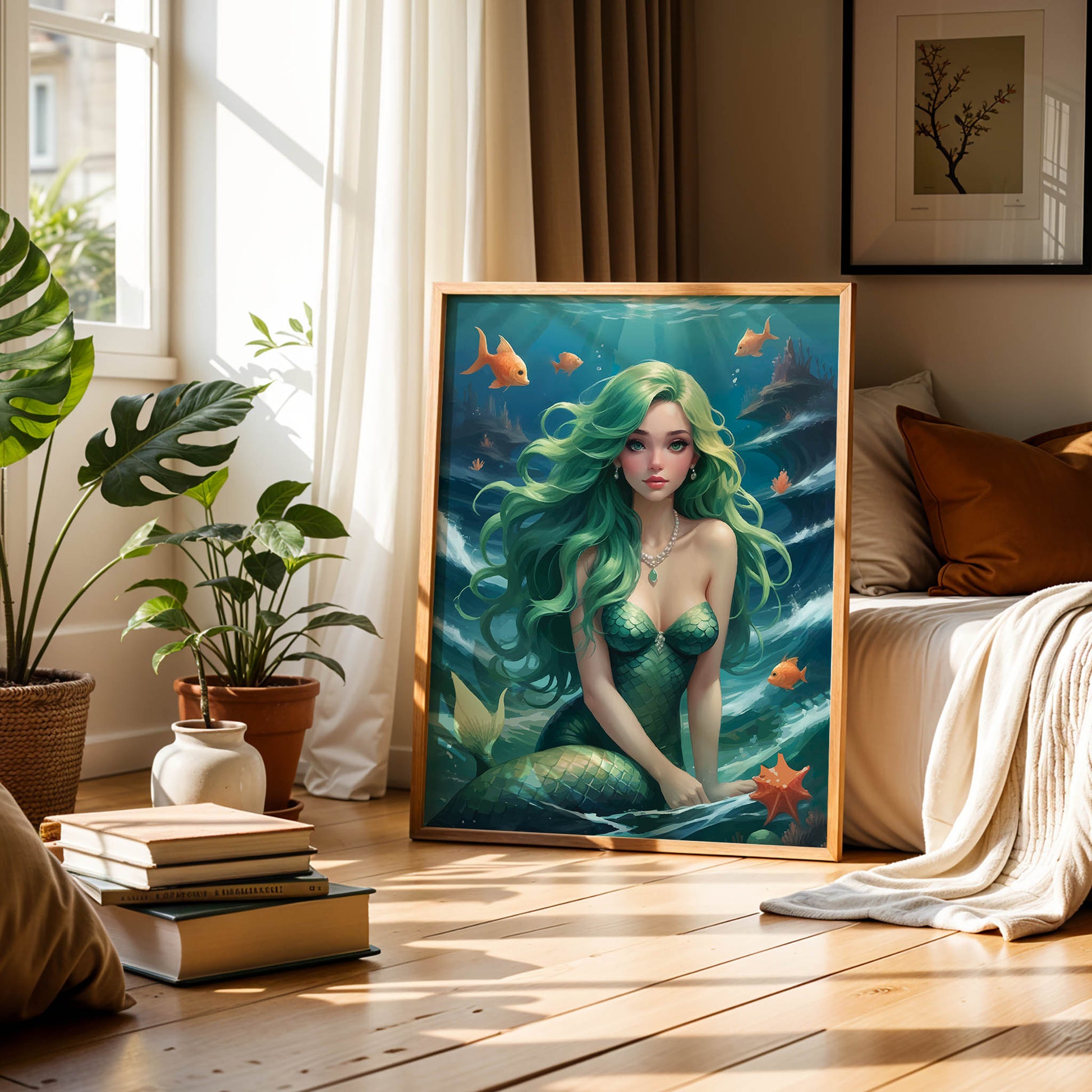 Fantasy digital wall art of a beautiful mermaid with long green hair and shimmering scales surrounded by orange fish under the sea