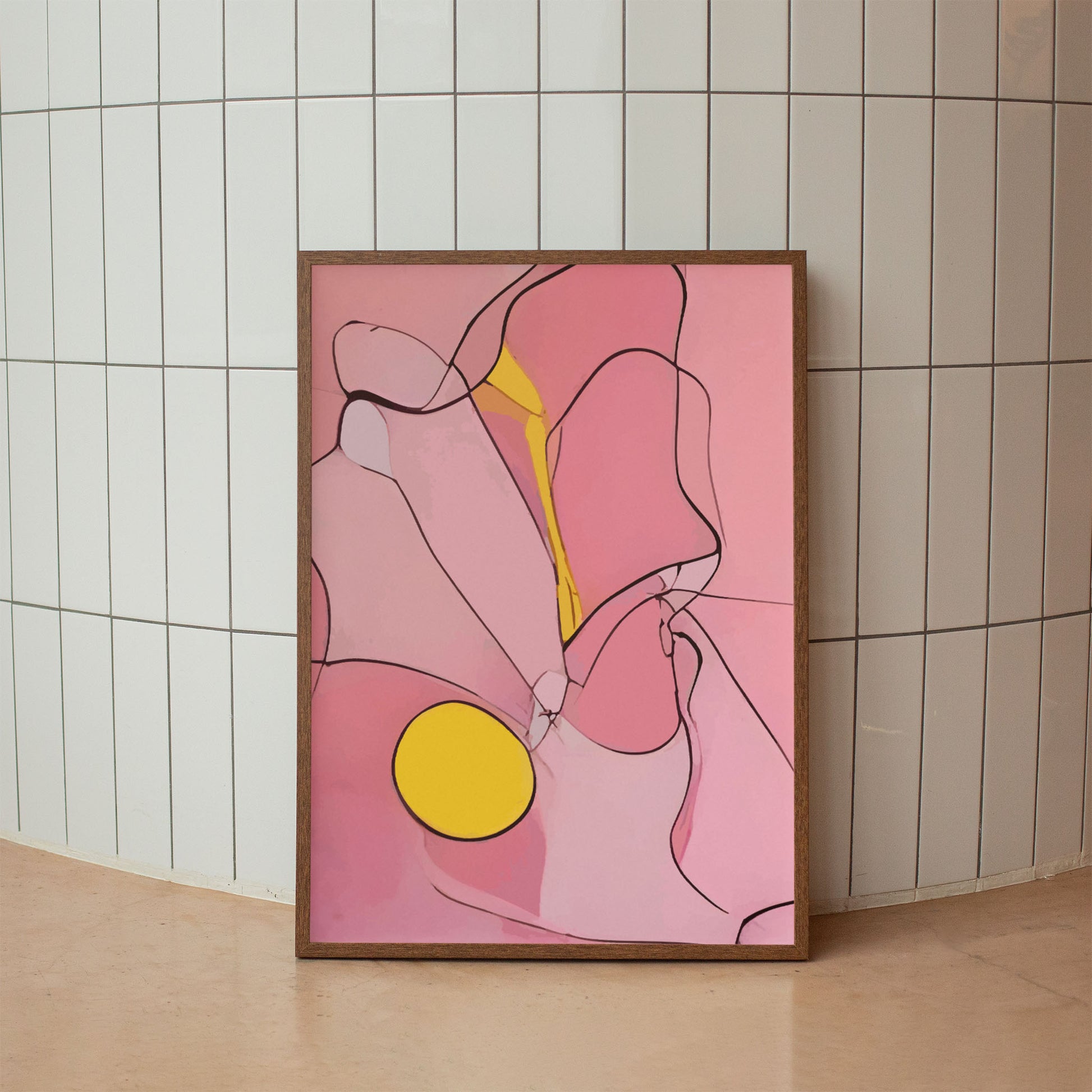 Abstract printable wall art featuring fluid pink shapes outlined with fine black lines, accented by a bold yellow circle and stroke, creating a modern and expressive composition perfect for contemporary interiors
