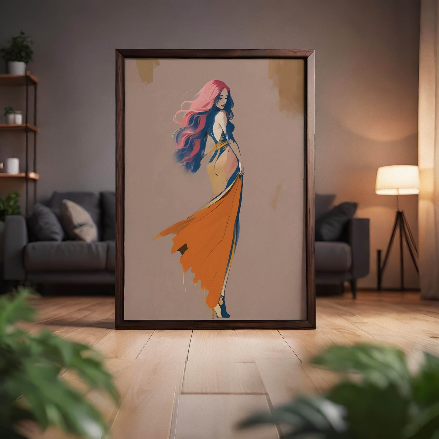 Printable wall art of an elegant woman with flowing pink and purple hair, wearing a backless orange gown with a dramatic train, set against a soft neutral background, perfect for modern and chic home decor.