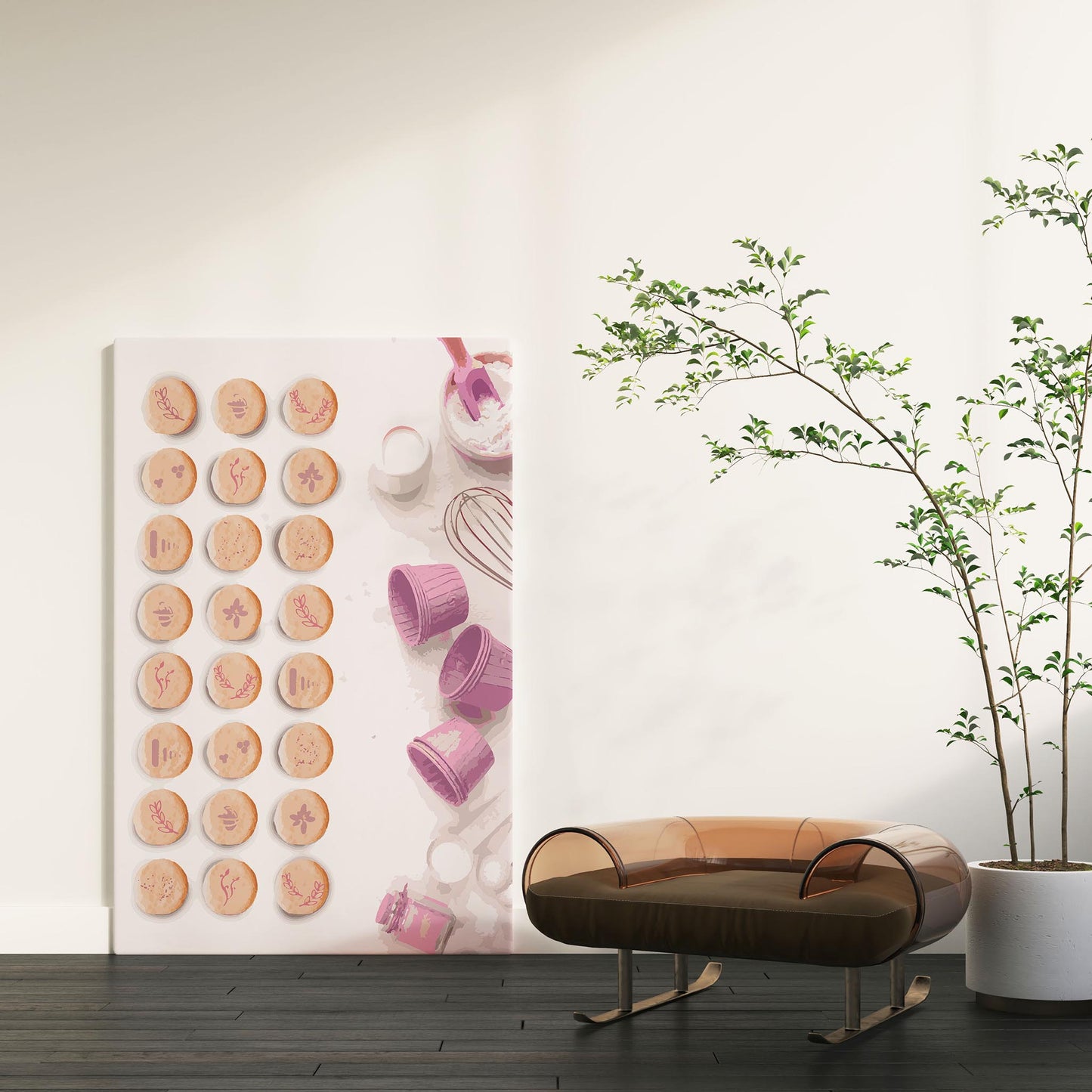 Whimsical baking-themed printable wall art featuring rows of hand-decorated cookies with floral and geometric designs, alongside pastel pink baking tools - perfect for kitchen or bakery decor