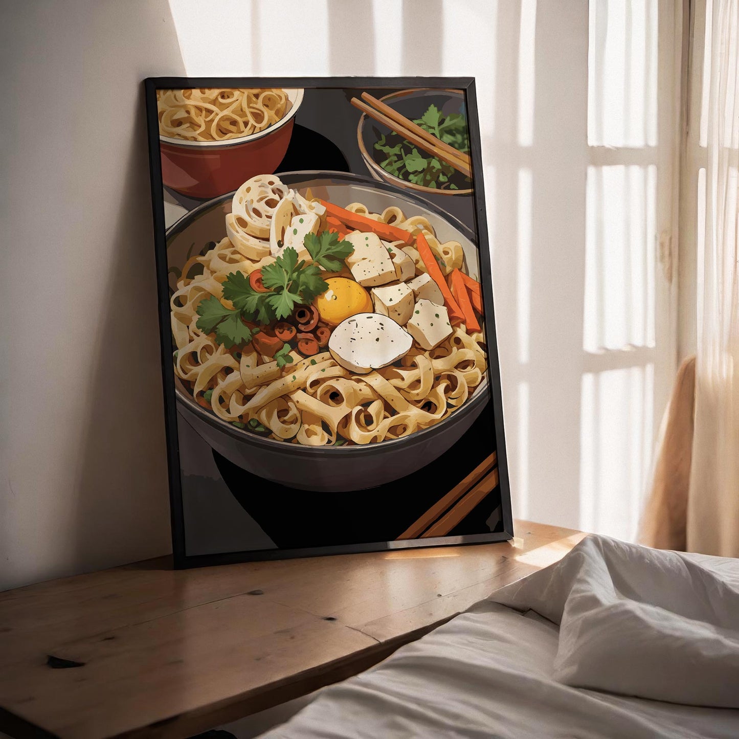 Printable wall art of a colorful bowl of noodles topped with tofu, egg yolk, vegetables, lotus root, and fresh herbs, styled with chopsticks and side dishes, perfect for kitchen or dining room decor with a foodie vibe.