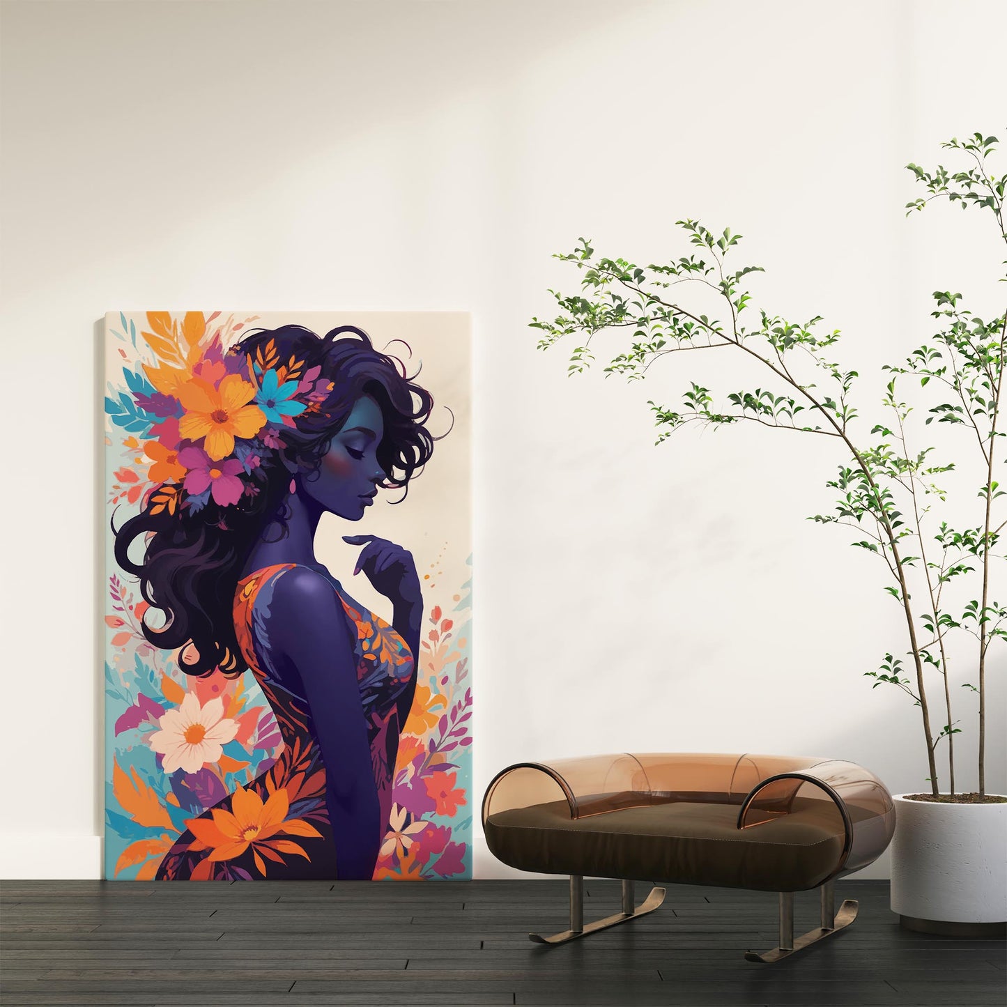 Bold and colorful printable wall art of a dark-skinned woman in profile, adorned with vivid flowers in her hair and dress, set against a vibrant floral backdrop, perfect for modern, empowering, and artistic decor themes
