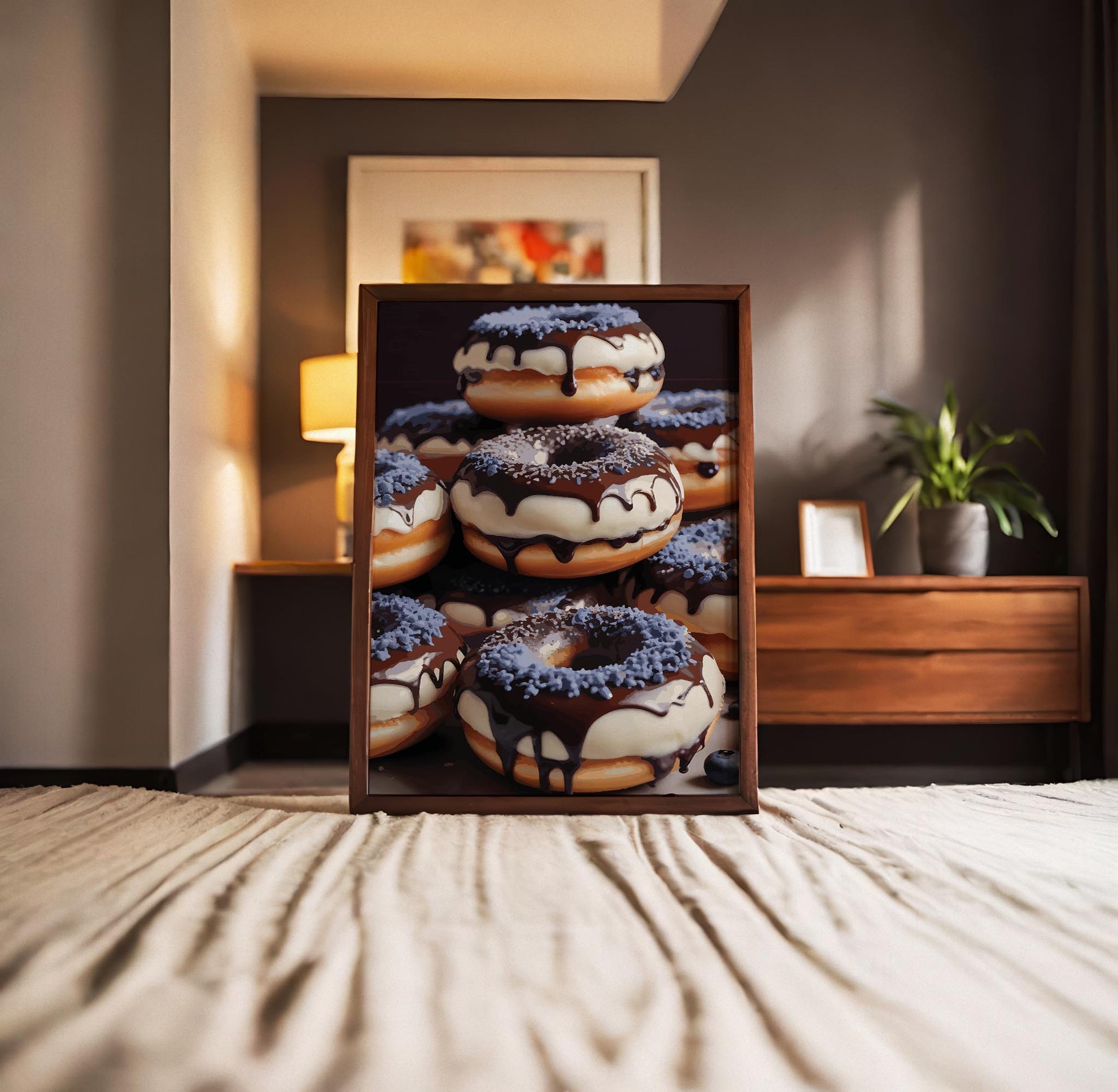 Printable wall art of a stack of donuts topped with rich chocolate glaze, white icing, and blue sprinkles, captured in a mouthwatering, hyper-realistic style, perfect for kitchen or bakery-themed decor
