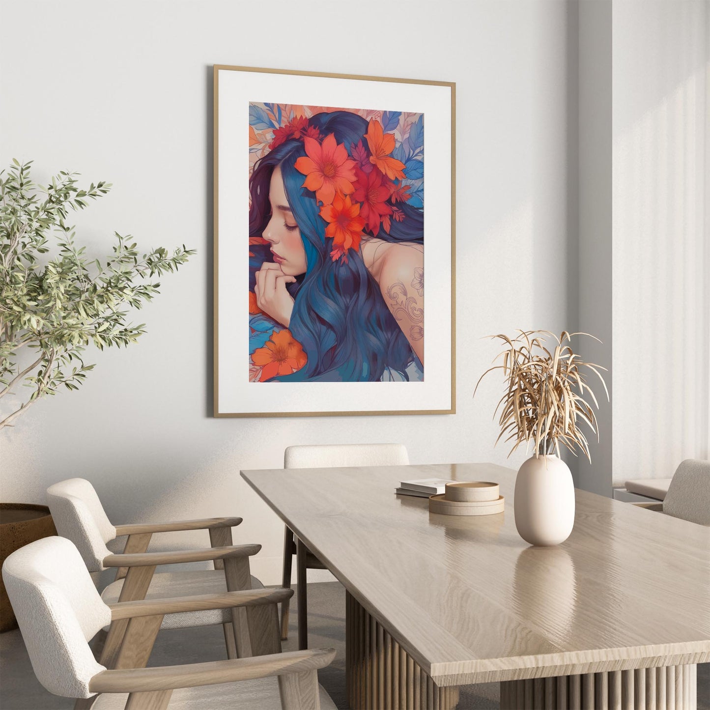 Dreamy printable wall art of a woman with flowing blue hair adorned with vibrant red and orange flowers, resting peacefully with a delicate tattoo on her shoulder - ideal for serene and floral-themed home decor