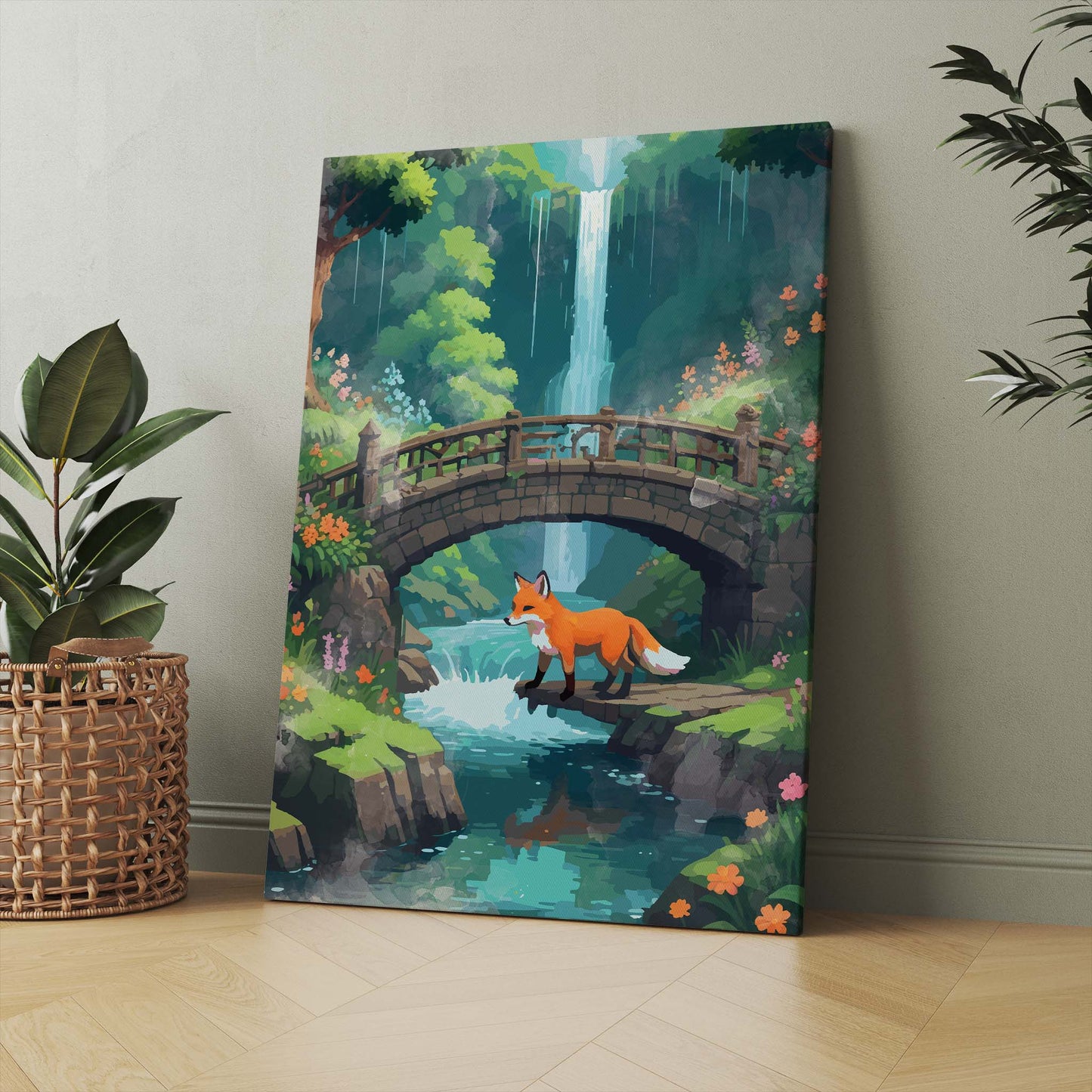 Whimsical printable wall art featuring a red fox crossing a stream beneath a stone bridge, surrounded by lush forest, colorful flowers, and a tall cascading waterfall - ideal for nature lovers, woodland nursery decor, or fantasy-themed interiors