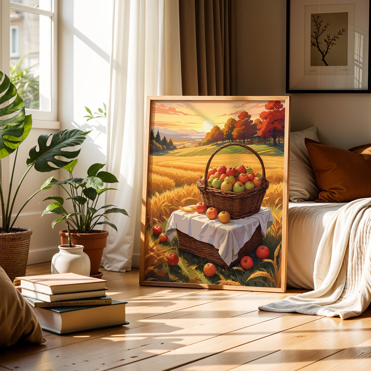 Digital wall art of a basket filled with apples in a golden wheat field at sunset, surrounded by scattered apples and autumn trees in the background