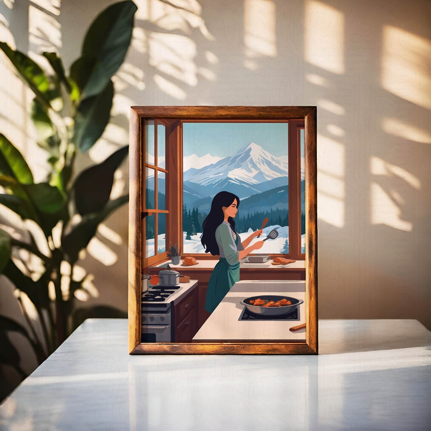 Cozy digital wall art of a woman cooking in a warm kitchen with large windows, overlooking snowy mountains and pine trees