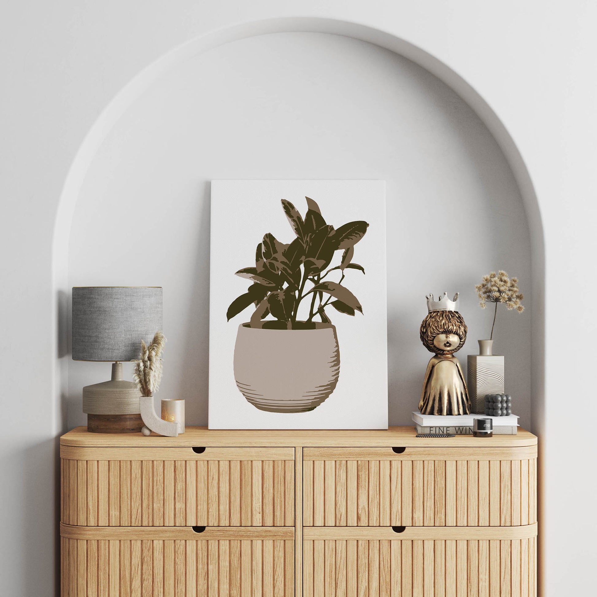 Minimalist printable wall art of a potted indoor plant with earthy brown tones, perfect for modern, boho, or Scandinavian-style home decor and plant lovers.