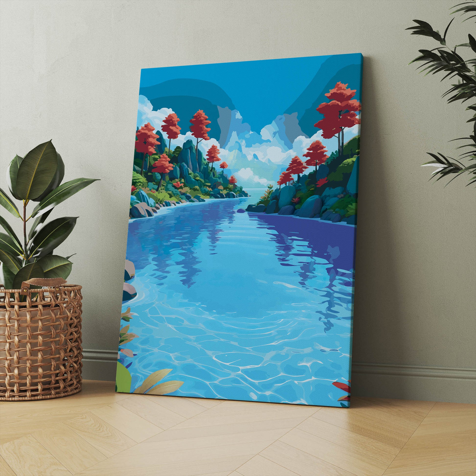 Vibrant landscape wall art of a clear blue river flowing between green hills with red trees and a bright sky filled with fluffy clouds