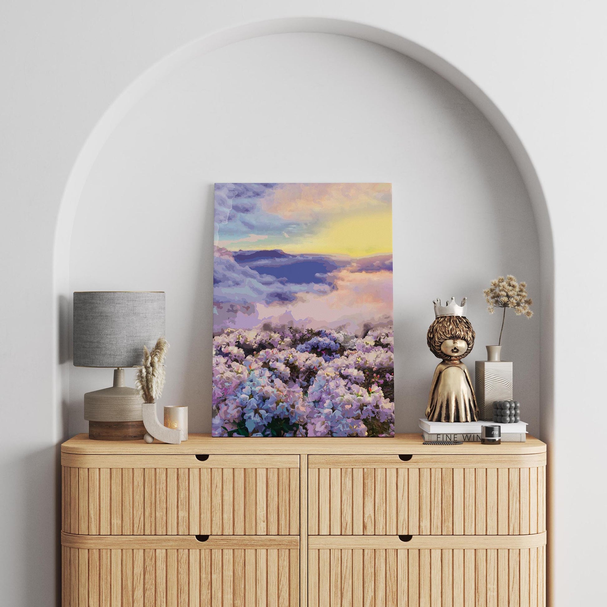 Dreamy floral landscape printable wall art featuring a field of pastel blossoms beneath a radiant sky at sunset, perfect for romantic, tranquil, or nature-inspired interior decor.