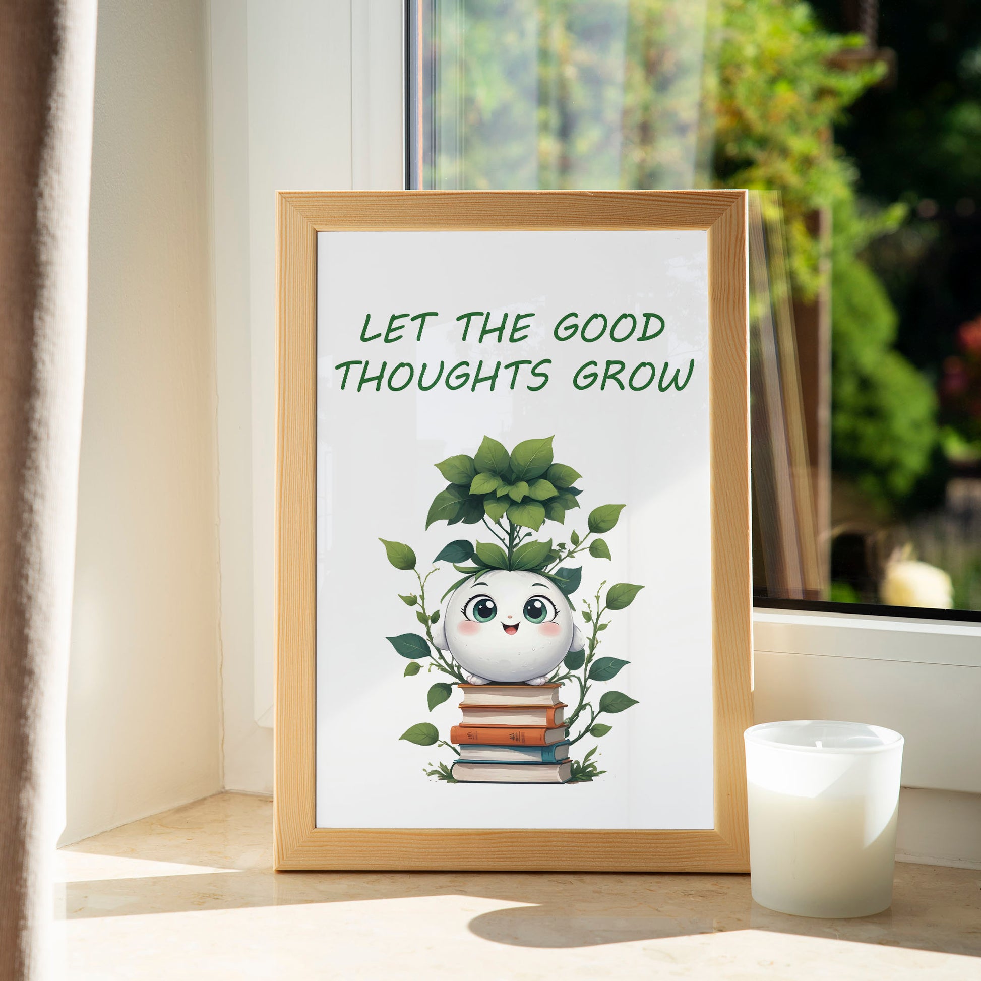 Whimsical printable wall art featuring a smiling plant character growing from a stack of books with leafy vines, paired with the uplifting quote 'Let the Good Thoughts Grow' perfect for kids’ rooms, classrooms, or positivity-focused spaces