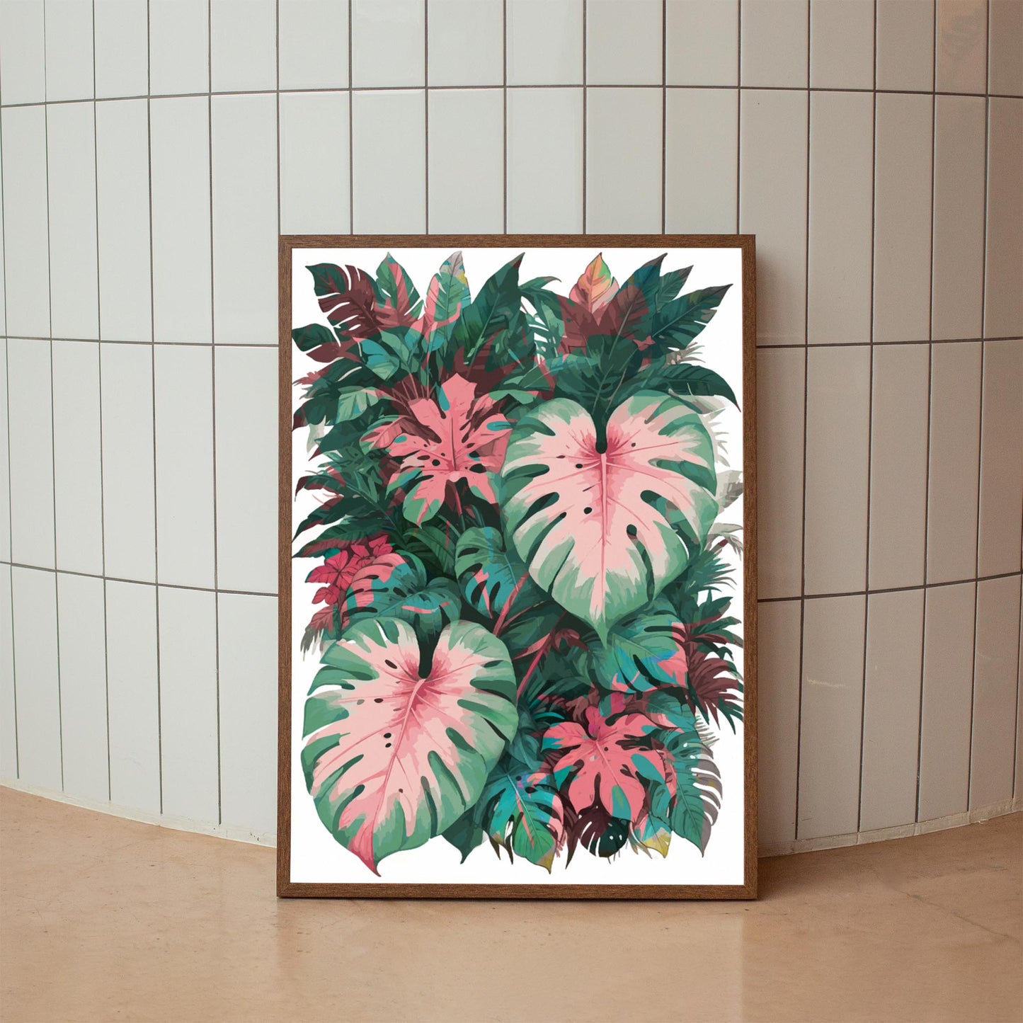 Tropical botanical printable wall art featuring a lush arrangement of pink and green monstera and philodendron leaves, ideal for jungle-themed or nature-inspired home decor.