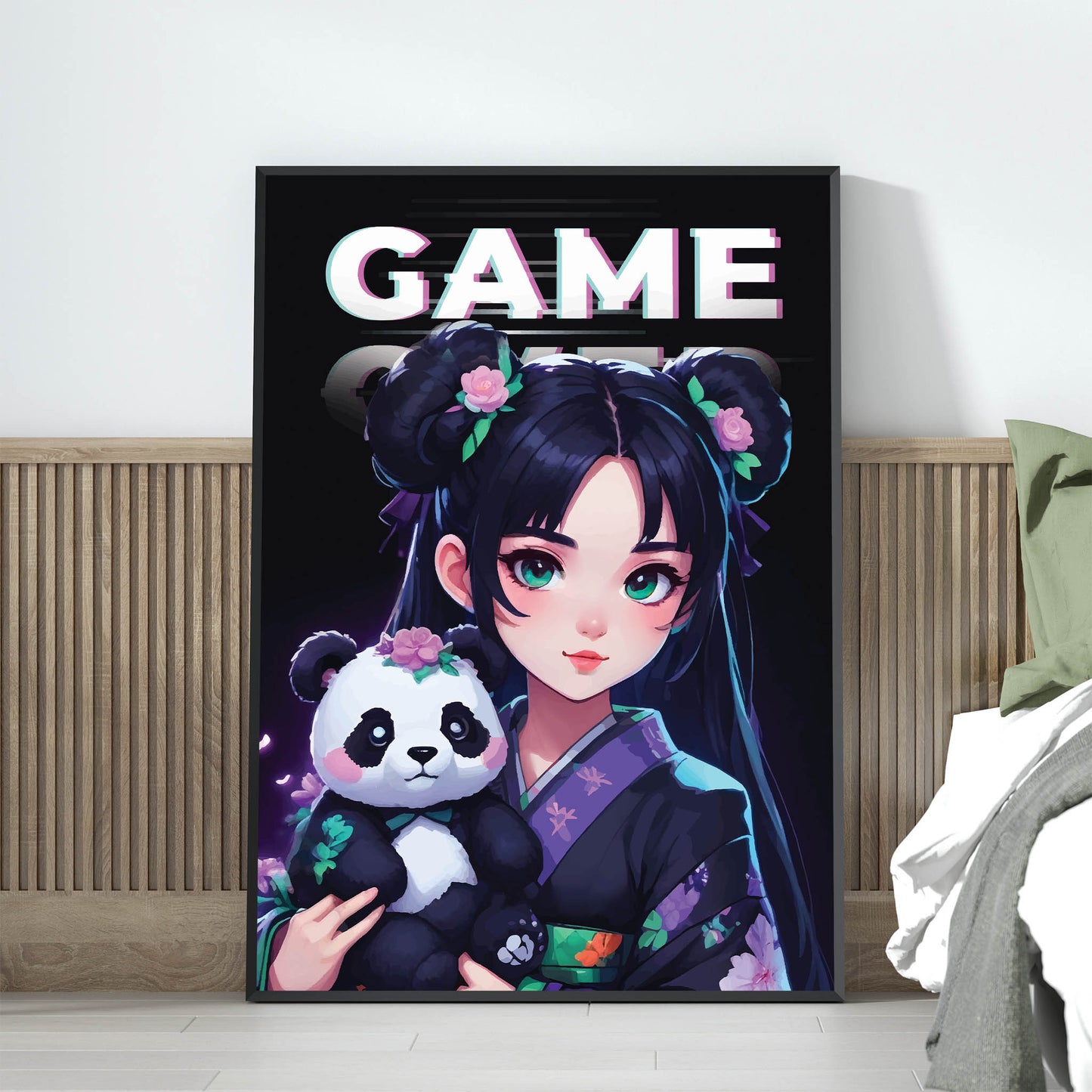 Anime-style gamer girl in a floral kimono holding a cute panda plush, with the word 'GAME' in glitch text above, vibrant, kawaii-inspired printable wall art for gamers and anime lovers