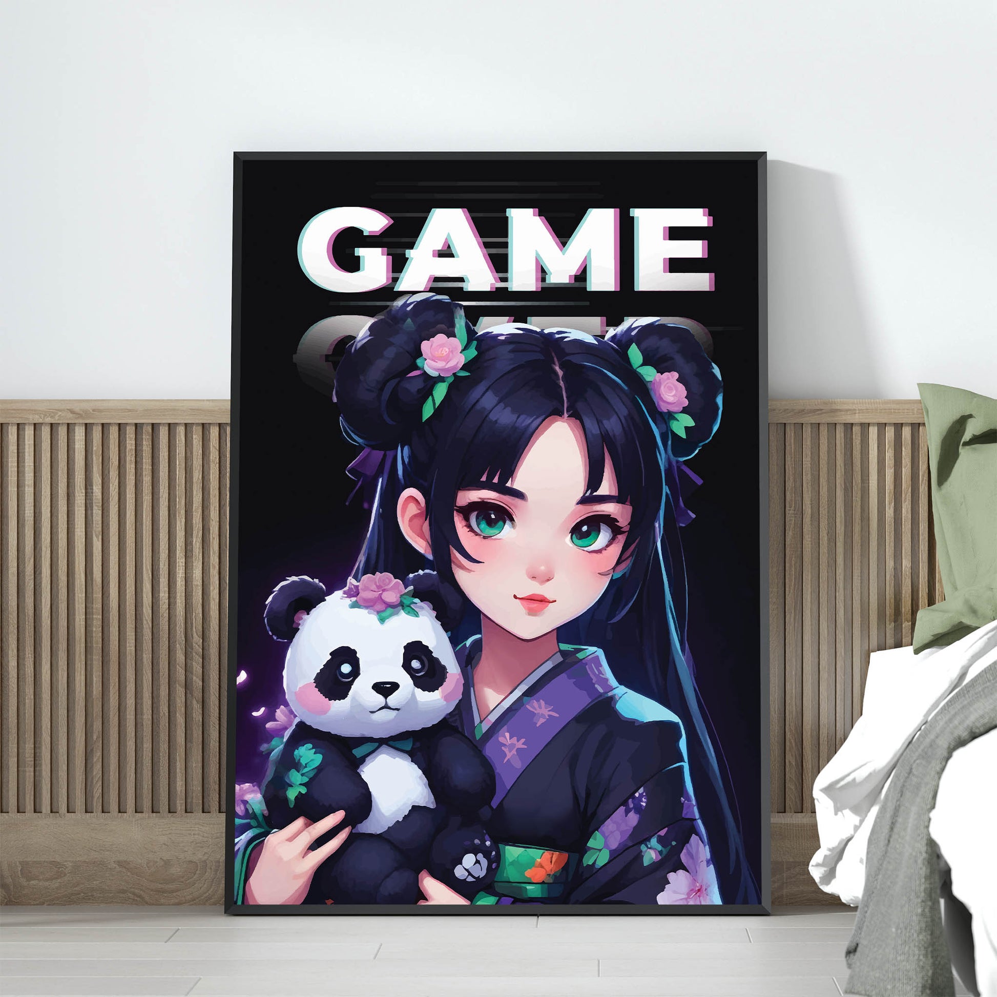 Anime-style gamer girl in a floral kimono holding a cute panda plush, with the word 'GAME' in glitch text above, vibrant, kawaii-inspired printable wall art for gamers and anime lovers