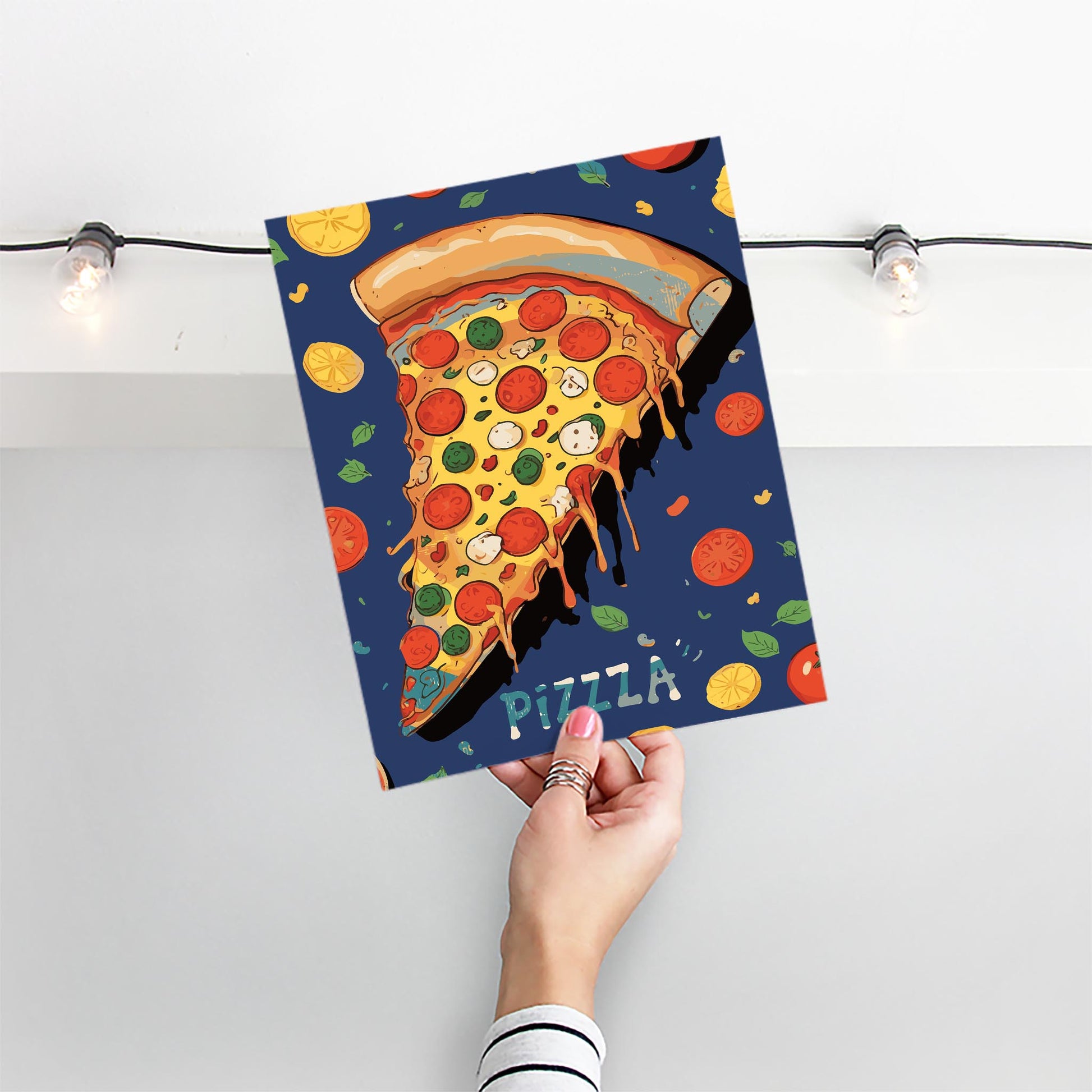 Printable wall art of a colorful, cheesy slice of pepperoni pizza with toppings, dripping cheese, and playful ingredients on a blue background with the word ‘PIZZZZA’ perfect for kitchen, dining area, or food lovers’ decor