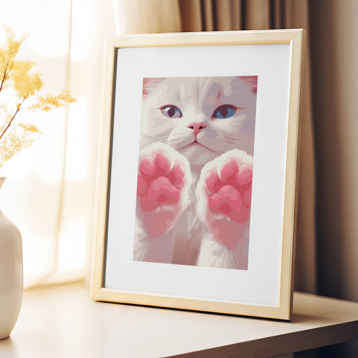 Printable wall art of an adorable white kitten with bright blue eyes and soft pink paws held up close, perfect for cat lovers and cute, whimsical home decor