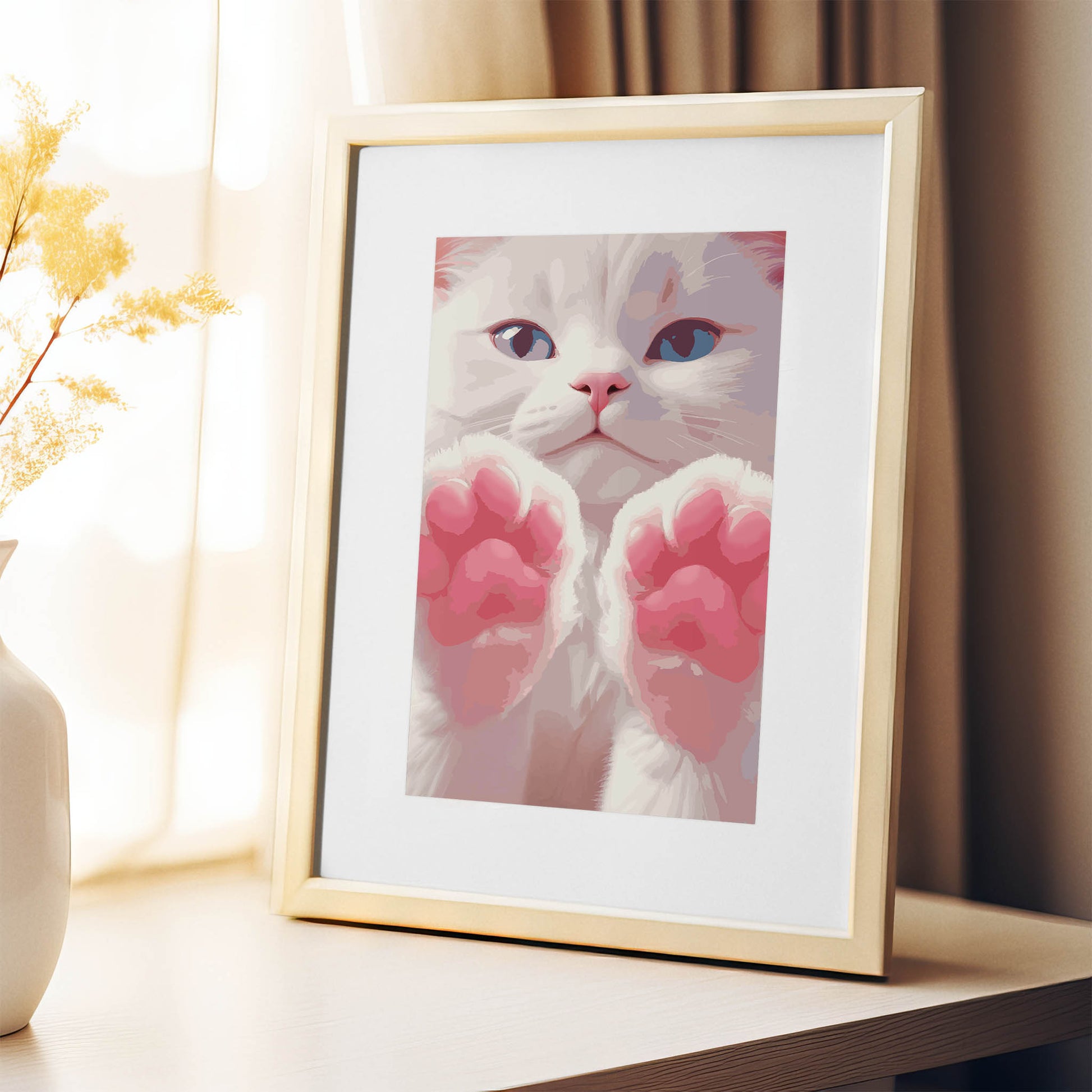 Printable wall art of an adorable white kitten with bright blue eyes and soft pink paws held up close, perfect for cat lovers and cute, whimsical home decor