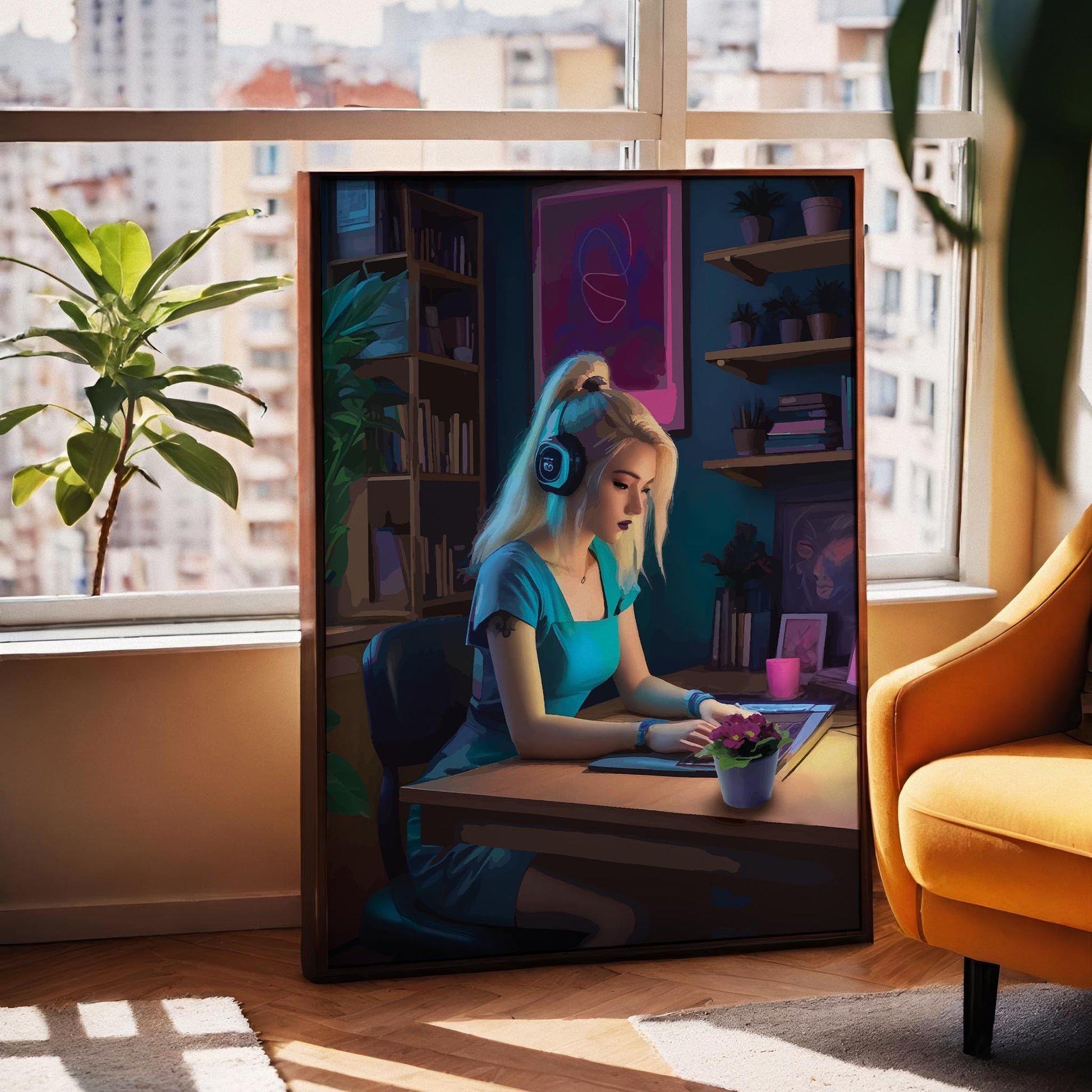 Digital illustration of a blonde gamer girl in a teal dress and headset, focused on her tablet in a cozy, neon-lit room, modern wall art perfect for gaming setups and creative workspaces