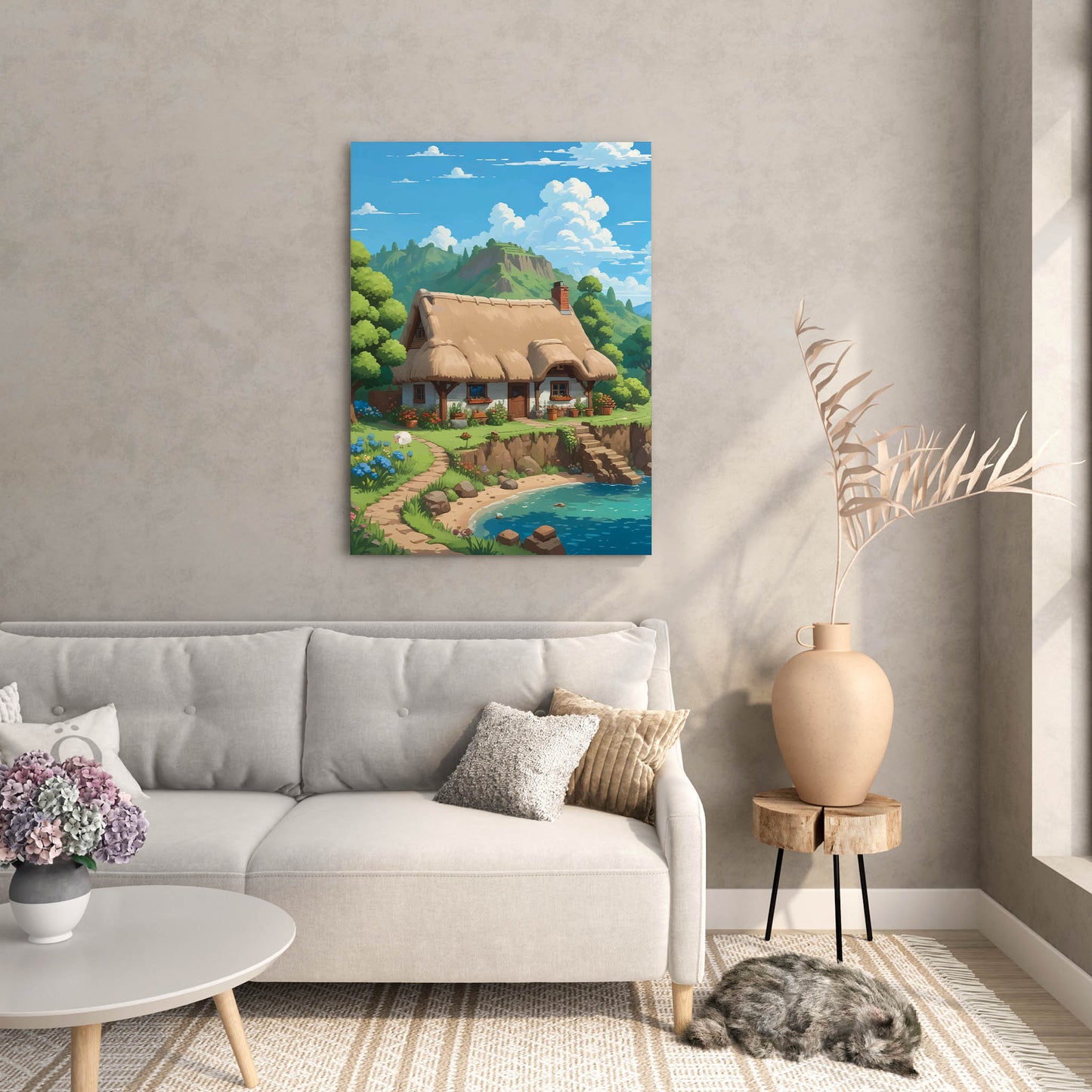 Charming printable wall art featuring a cozy thatched-roof cottage by a clear blue pond, surrounded by blooming flowers, lush greenery, and distant mountain views under a bright sky - perfect for cottagecore, fairytale, or nature-inspired home decor