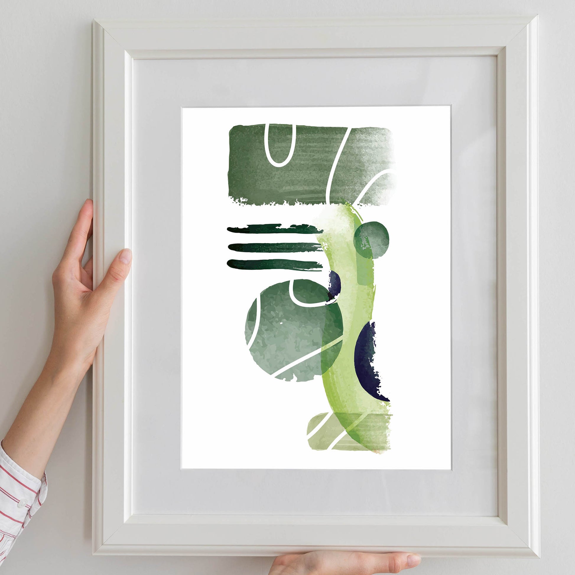 Modern abstract printable wall art featuring layered geometric shapes and textured brushstrokes in earthy green tones with subtle white accents, perfect for minimalist, nature-inspired, or contemporary spaces