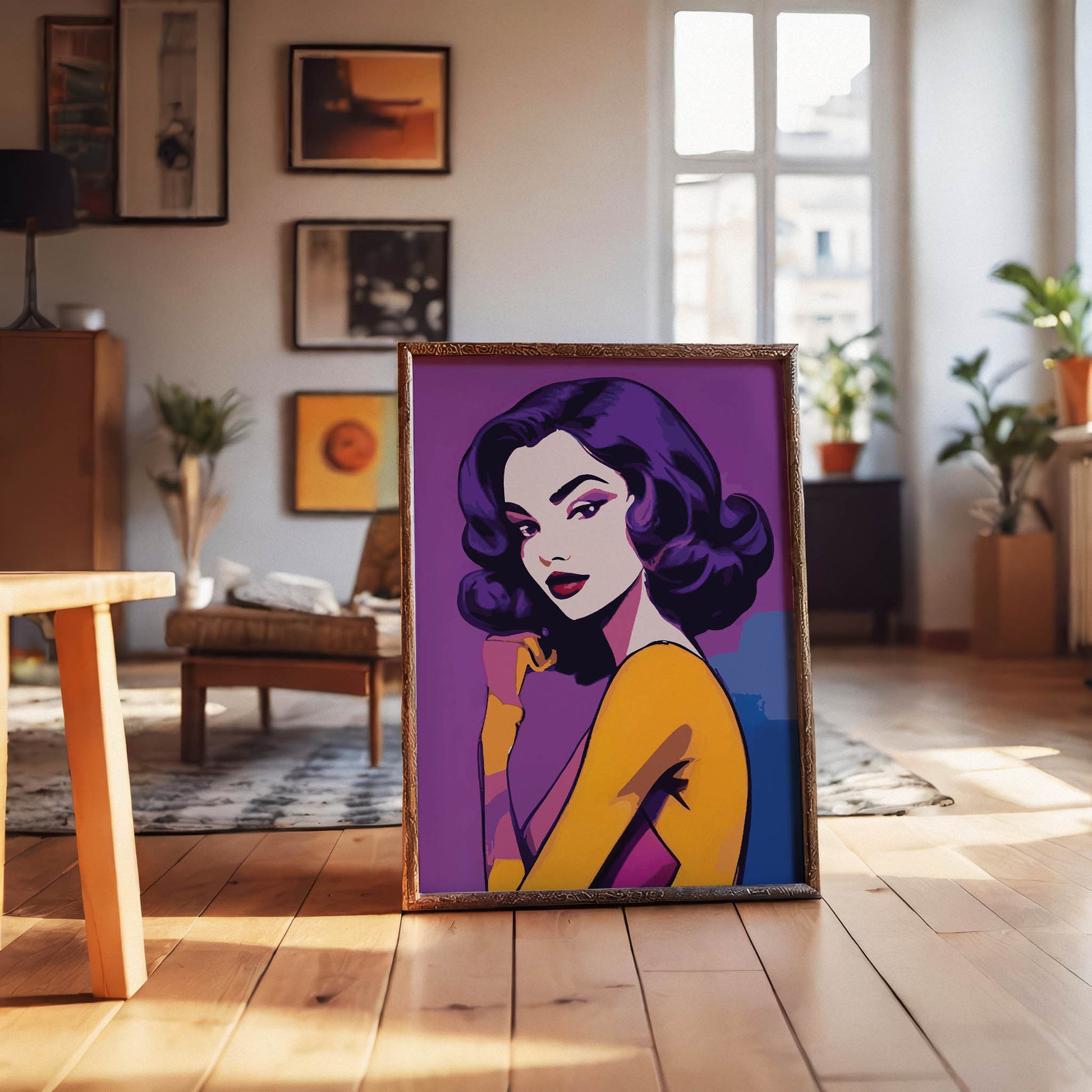 Printable wall art of a stylish woman with vintage Hollywood glamour, featuring bold purple hair, red lips, and a confident pose against a vibrant purple and gold background, perfect for modern, chic home decor