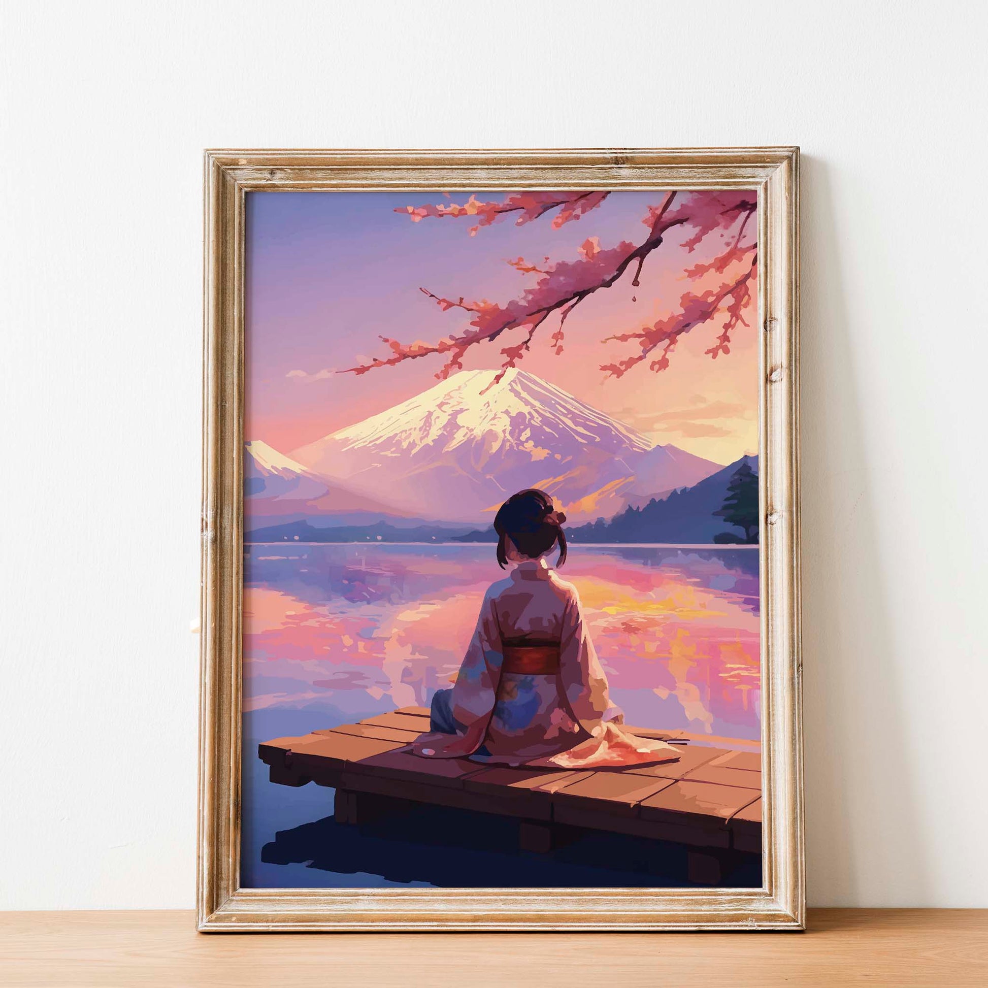 Tranquil Japanese-themed printable wall art featuring a woman in a kimono seated on a wooden dock, gazing at Mount Fuji across a serene lake during a pastel sunset, with cherry blossoms framing the scene - perfect for zen, travel, or Japan-inspired home decor