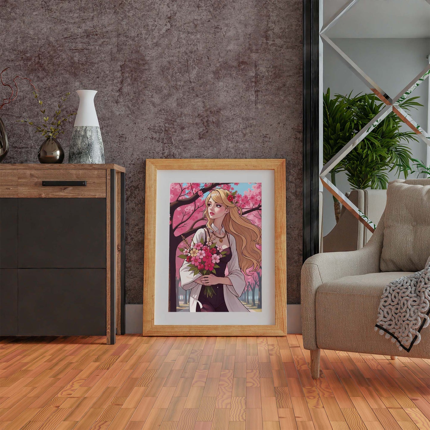 Printable wall art of a graceful woman with long blonde hair holding a bouquet of vibrant pink flowers, standing under blooming cherry blossom trees on a sunny day, perfect for romantic and nature-inspired home decor