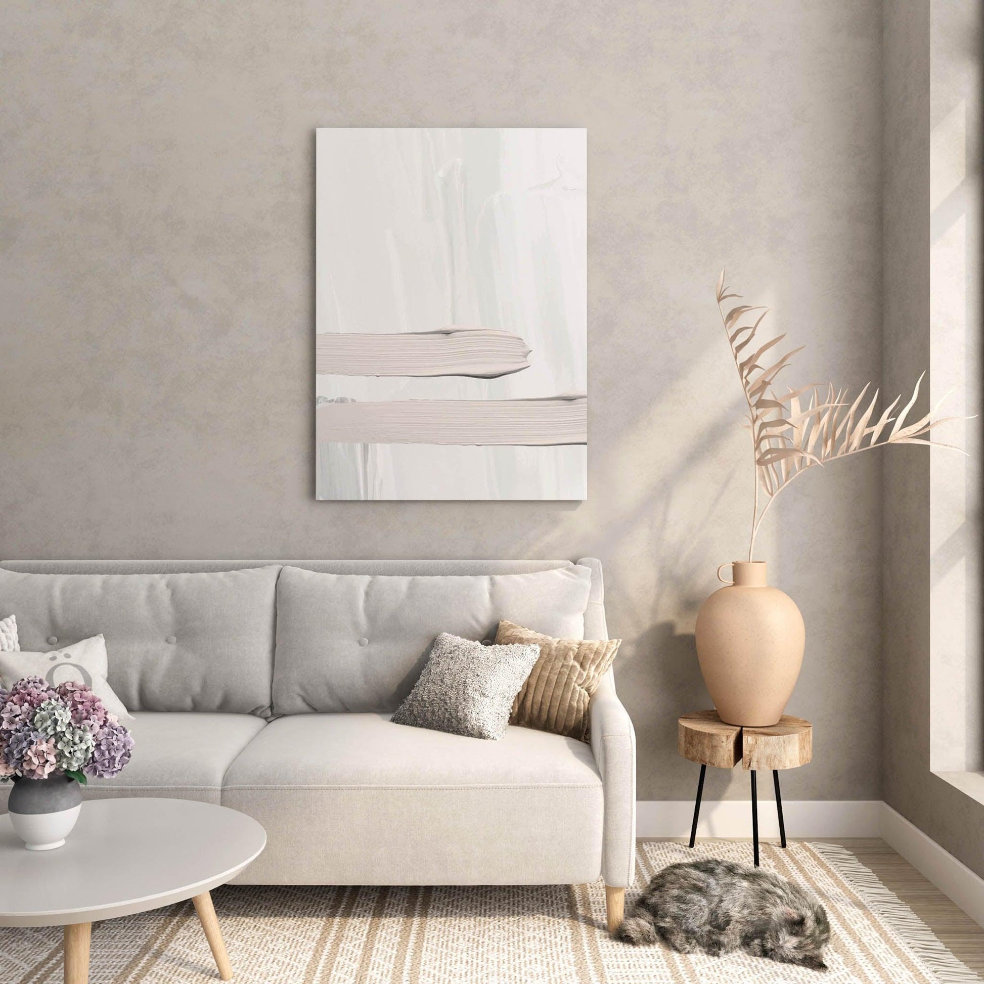 Minimalist abstract printable wall art featuring textured horizontal brushstrokes in soft beige on a light cream background, with gentle shadows for a serene and modern aesthetic