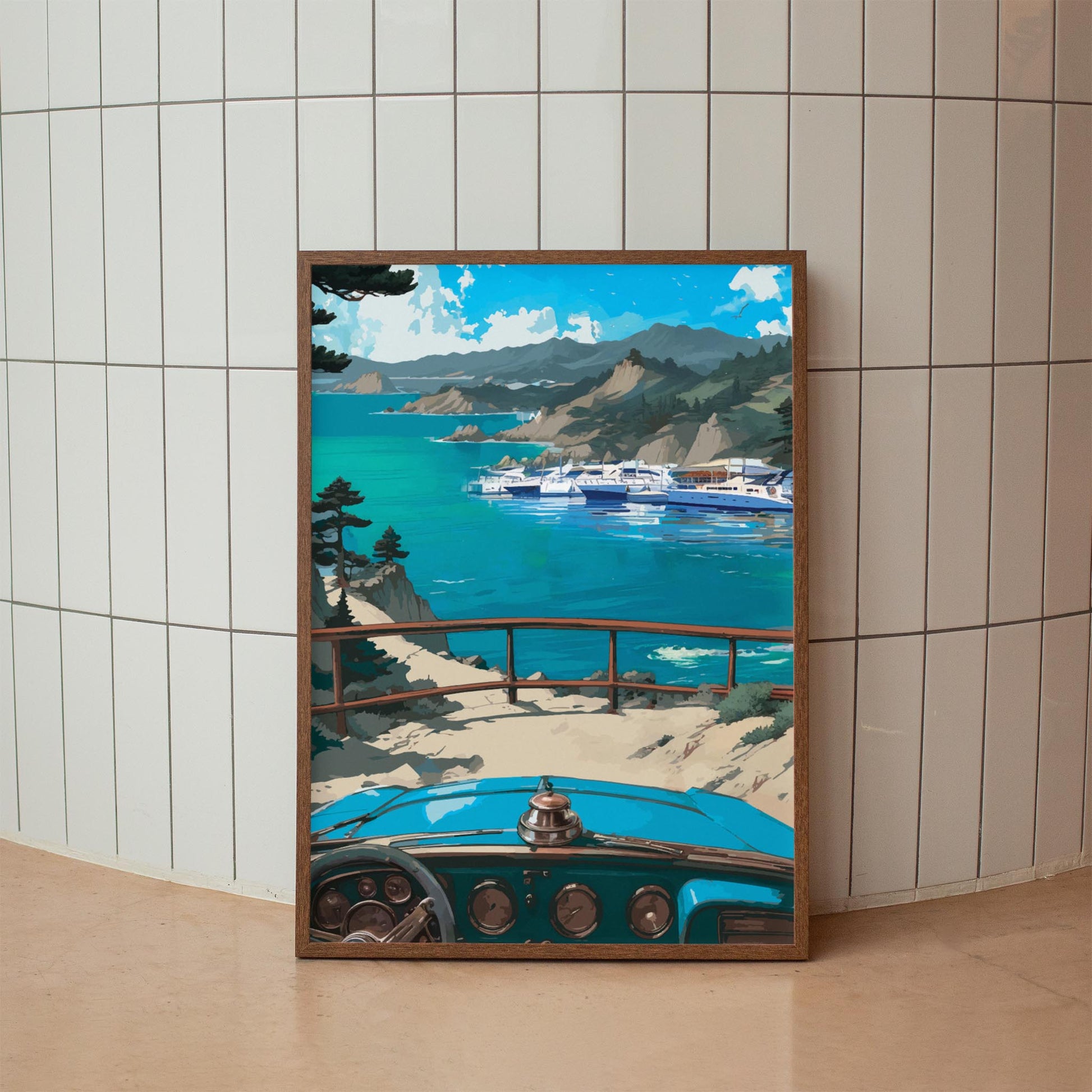 Scenic coastal-themed printable wall art featuring a vintage blue car overlooking a marina filled with yachts, with dramatic cliffs, turquoise waters, and distant mountains under a vivid blue sky, perfect for travel lovers, beach house decor, or retro-inspired interiors