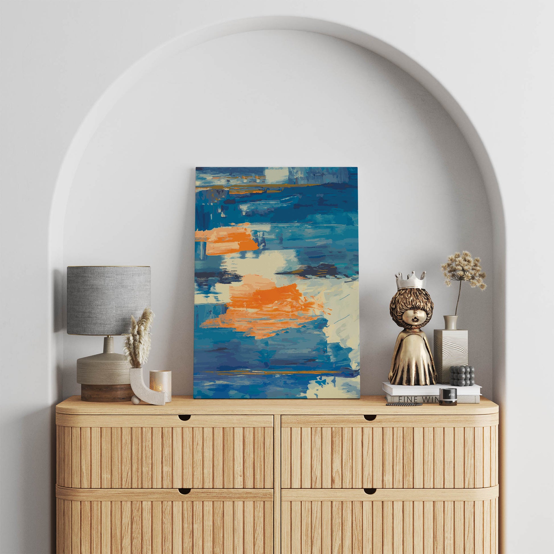 Abstract printable wall art featuring bold brushstrokes in vibrant shades of blue, orange, and cream, creating a dynamic, painterly texture inspired by water and motion, ideal for modern and artistic interiors
