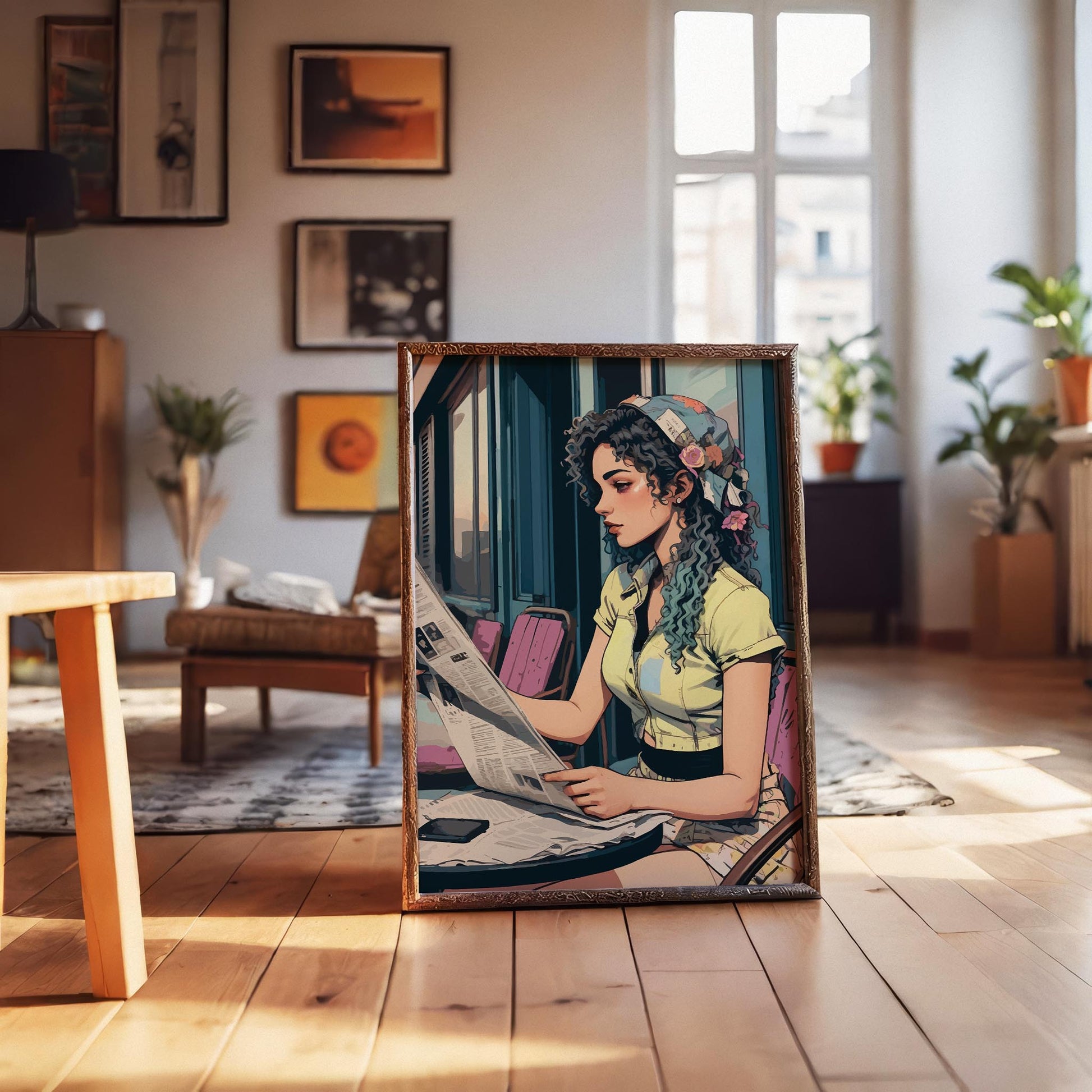 Printable wall art of a stylish young woman with curly hair and a floral headscarf, sitting at an outdoor café table reading a newspaper, in a vintage-inspired, artistic style, perfect for chic and modern home decor