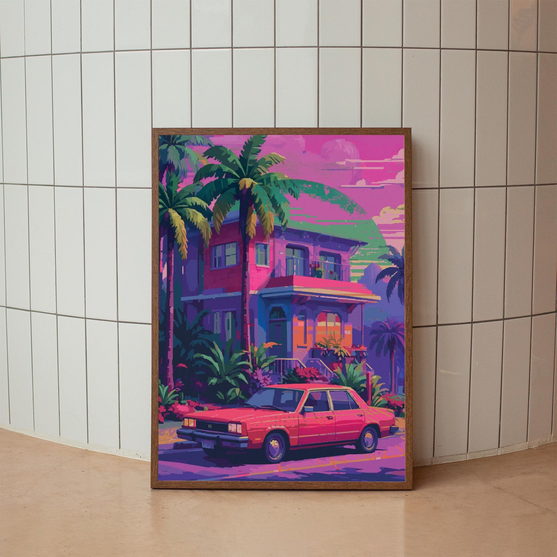 Printable wall art of a vibrant retro-style house with palm trees and a vintage red car parked out front, set against a dreamy sunset sky in pink, purple, and green hues, perfect for colorful, nostalgic home decor.