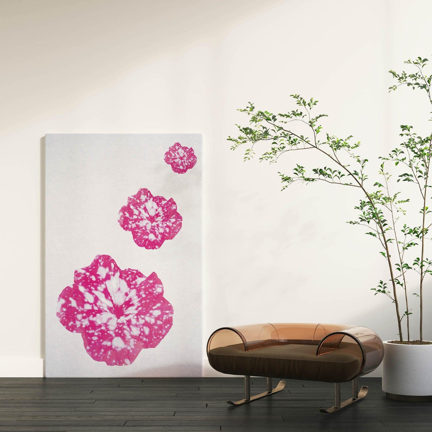Minimalist floral wall art featuring three vibrant pink and white speckled blossoms on a soft textured background, modern botanical printable perfect for contemporary home decor.