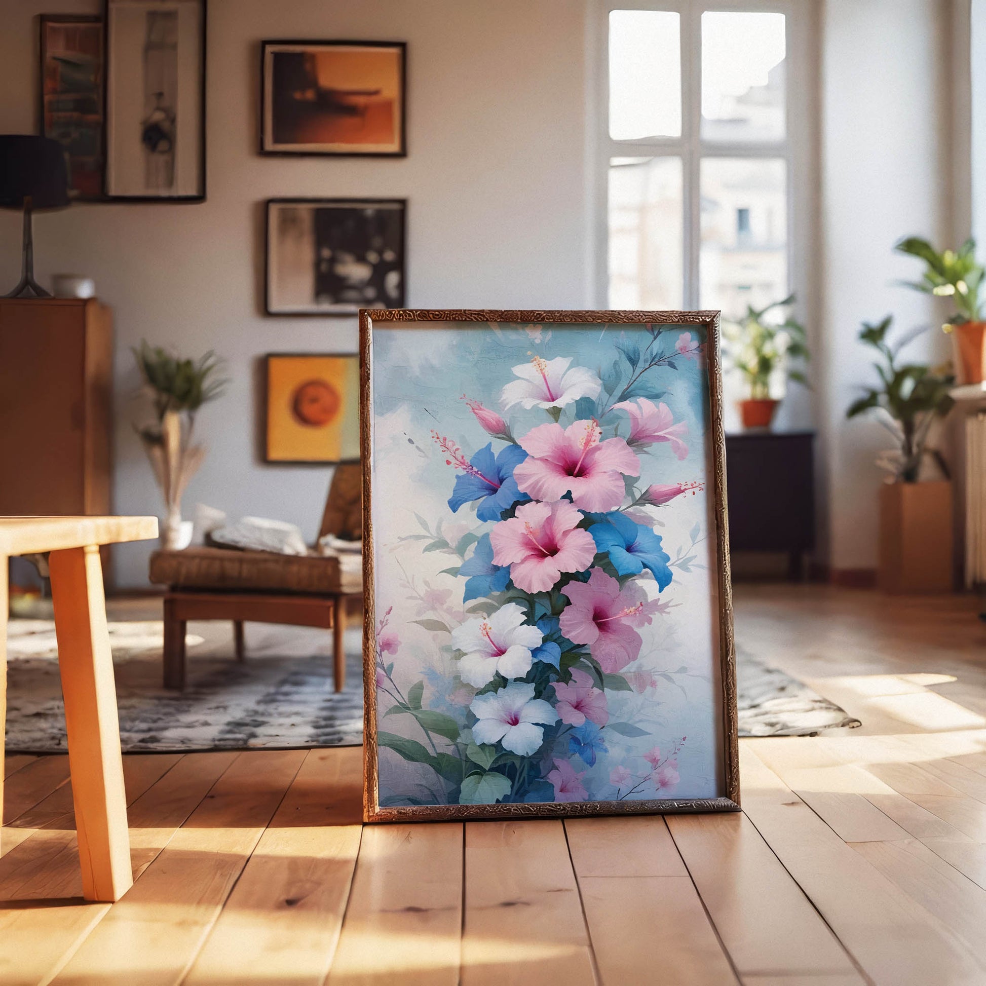 Elegant watercolor-style floral illustration featuring vibrant pink, blue, and white hibiscus blooms, perfect as printable wall art for botanical lovers and nature-inspired decor themes.