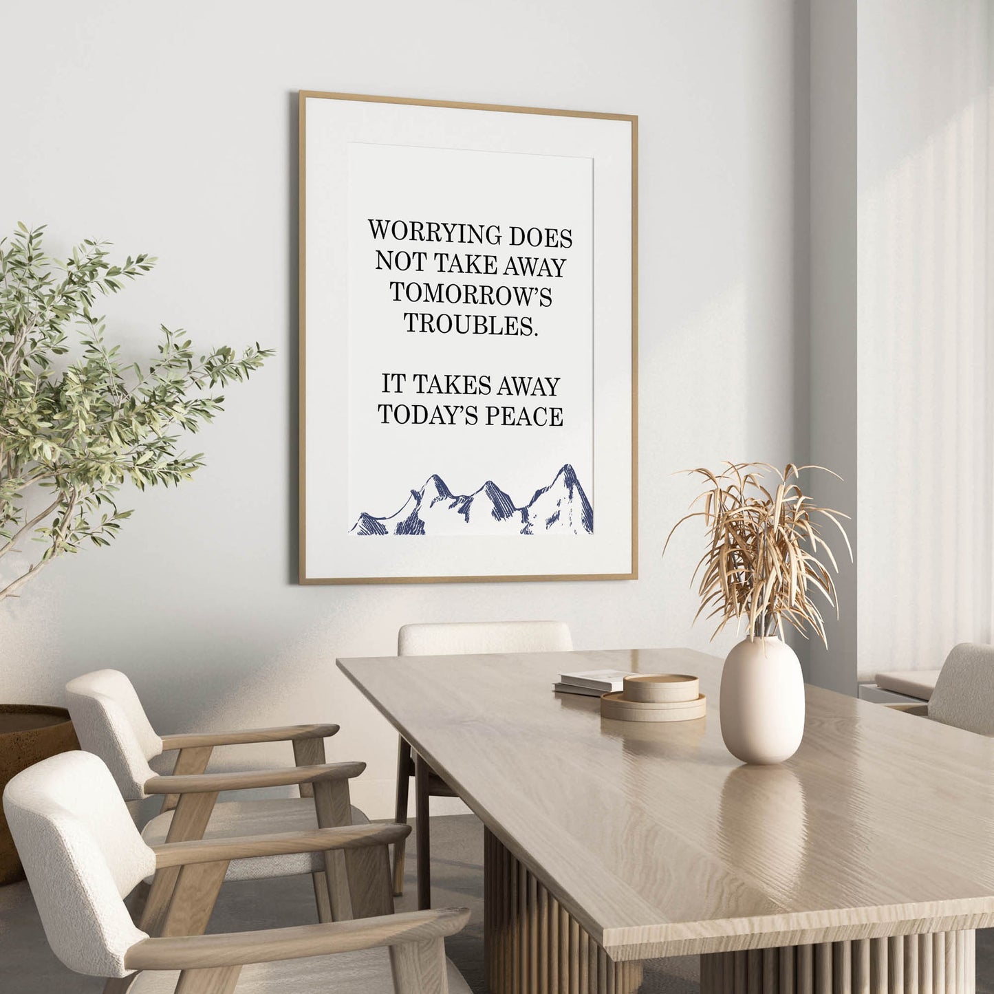 Calming printable wall art featuring the quote 'Worrying does not take away tomorrow’s troubles. It takes away today’s peace' in elegant black serif font, set against a soft neutral background with hand-drawn mountain illustration - ideal for stress relief, mindfulness, or bedroom decor