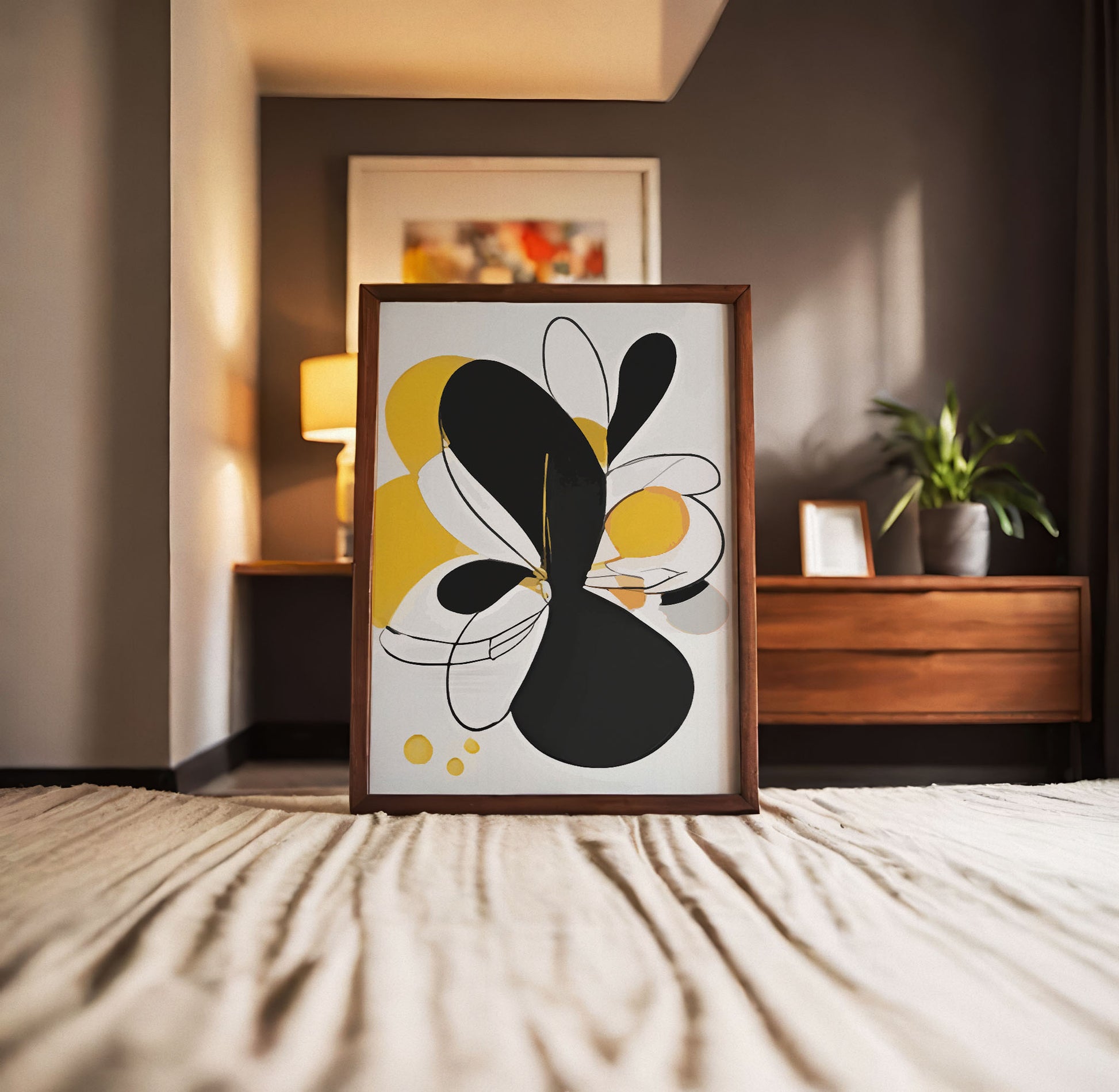 Bold abstract printable wall art featuring large black and yellow organic shapes with fine linework and soft neutral accents, creating a dynamic modern composition perfect for minimalist or contemporary decor