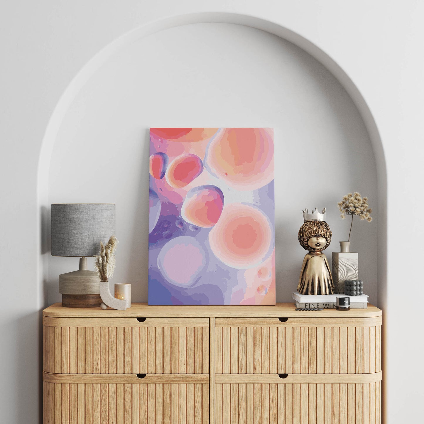 Dreamy abstract printable wall art featuring soft, fluid shapes in pink, peach, lavender, and coral tones, creating a calming, ethereal effect perfect for modern or pastel-themed interiors