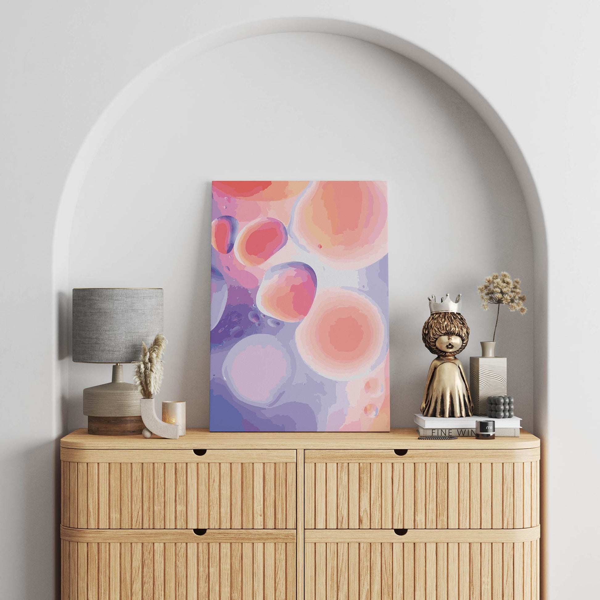 Dreamy abstract printable wall art featuring soft, fluid shapes in pink, peach, lavender, and coral tones, creating a calming, ethereal effect perfect for modern or pastel-themed interiors