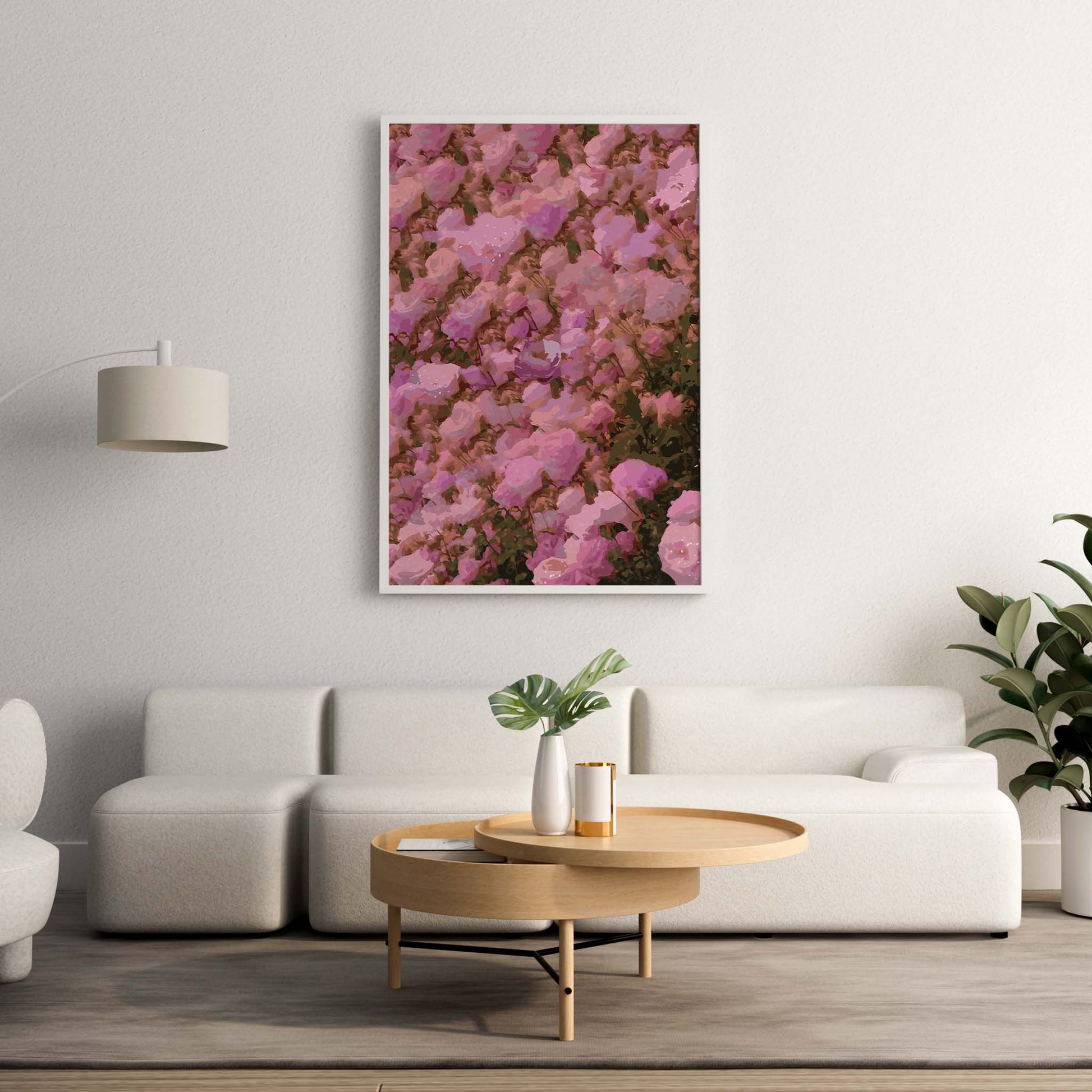 Impressionist-style pink floral printable wall art featuring a dense bloom of roses in soft and vivid pink tones, ideal for romantic interiors, bedroom decor, or floral-themed spaces.