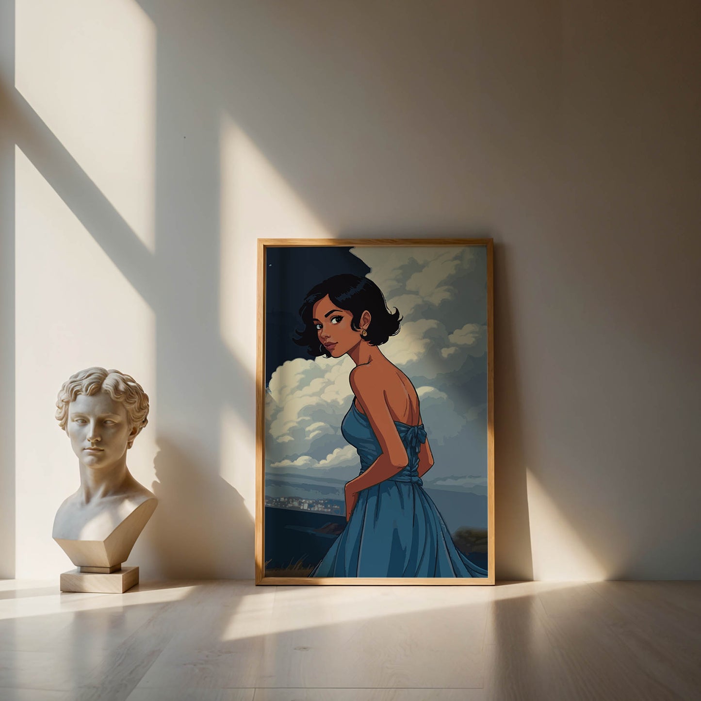Stylized digital portrait of a confident woman in a flowing blue dress, set against a dramatic cloudy sky and distant coastline, perfect for modern printable wall art