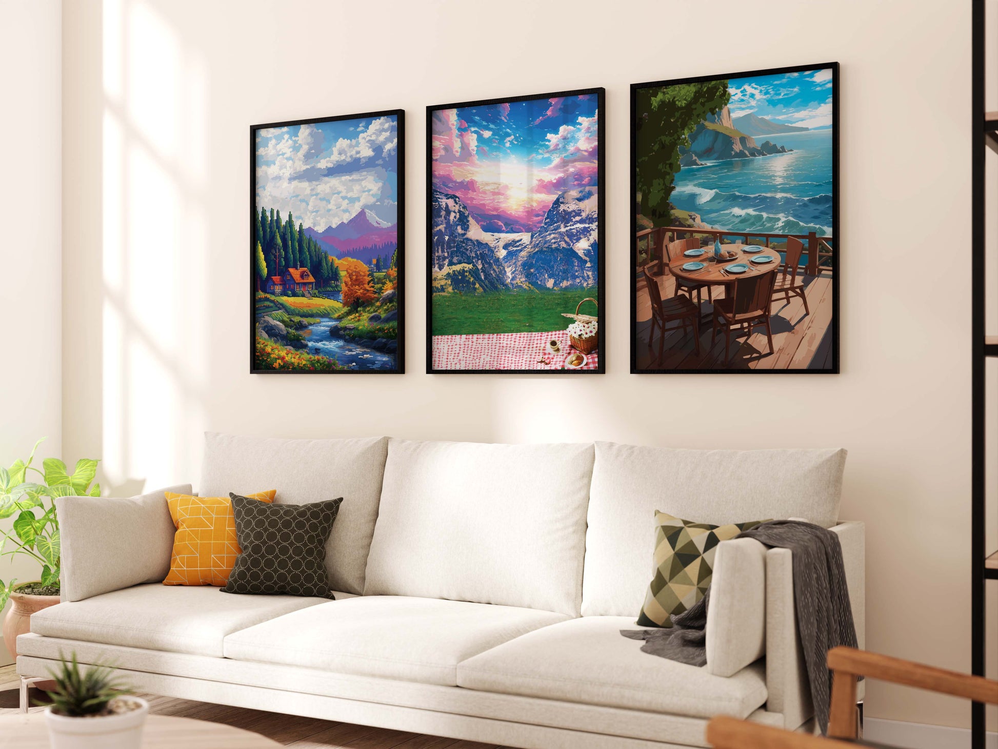Set of 3 printable wall art pieces featuring scenic landscapes: a cosy riverside cabin surrounded by pine trees, a vibrant alpine picnic scene with dramatic mountains, and a serene coastal dining view with ocean waves, perfect for creating a calming nature-inspired gallery wall