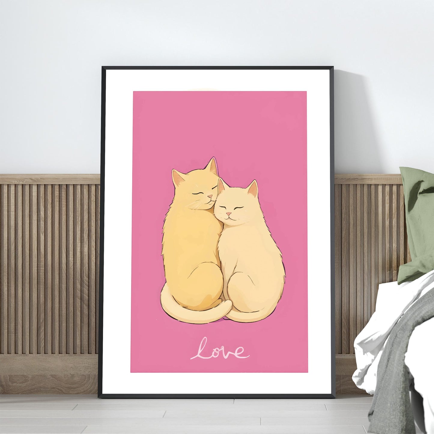 Printable wall art of two cute cats cuddling on a pink background with the word ‘love,’ perfect for cat lovers and romantic home decor