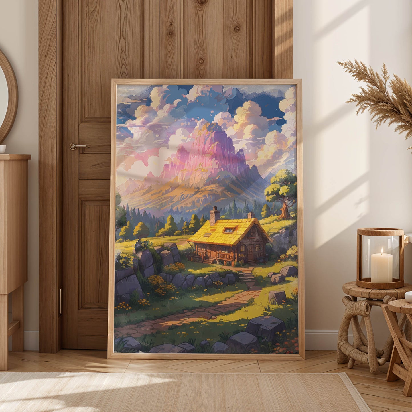 Printable wall art of a cozy wooden cabin with a yellow roof nestled in a sunlit meadow, surrounded by wildflowers, trees, and rocky hills, with majestic pink and purple mountains in the background, perfect for rustic and fantasy-inspired home decor