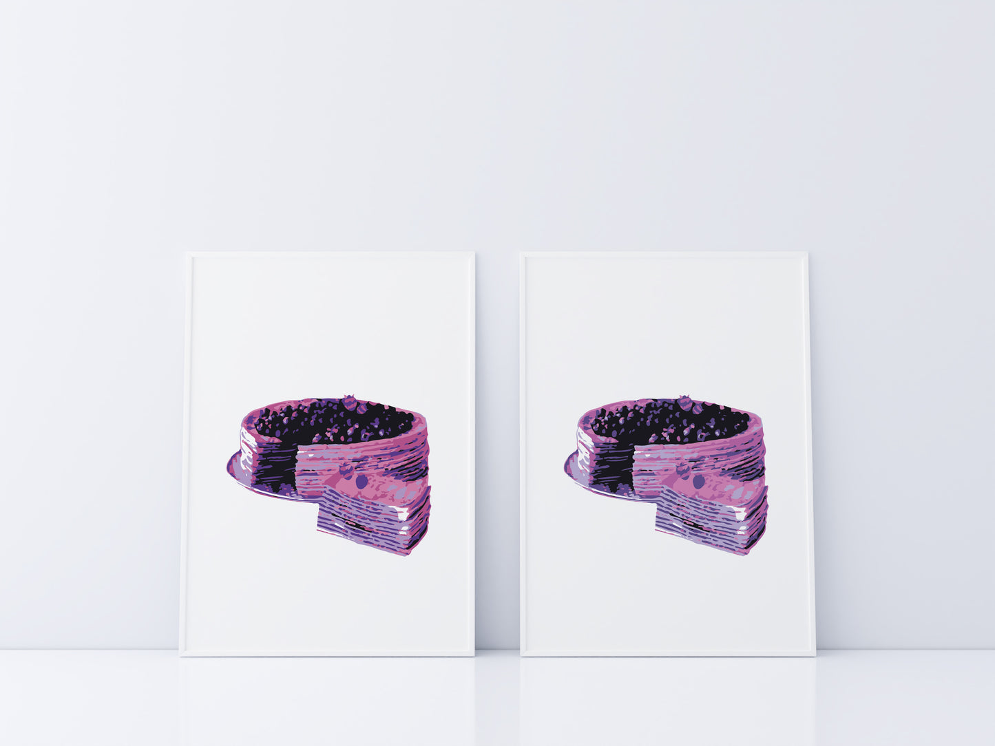 Minimalist wall art print featuring four stylized berry cakes in vibrant pink and purple tones, presented in pop-art inspired symmetry, perfect for modern kitchens, bakeries, or dessert lovers