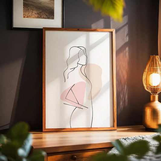 Abstract minimalist line art of a woman with soft pink and beige geometric shapes, modern boho-style printable wall decor with feminine elegance
