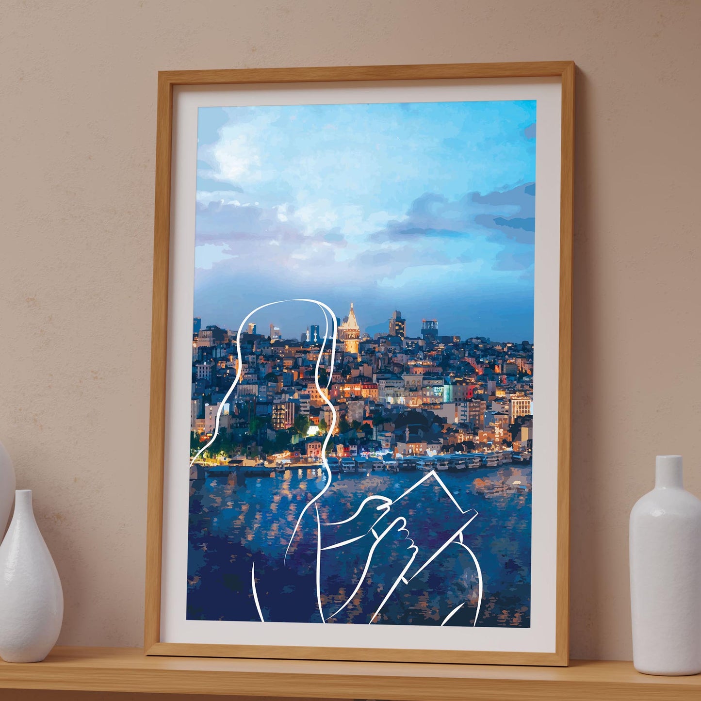 Scenic printable wall art featuring a glowing cityscape at dusk with an abstract white line drawing of a woman holding a book overlaying the waterfront view, a perfect blend of wanderlust, calm, and urban charm.