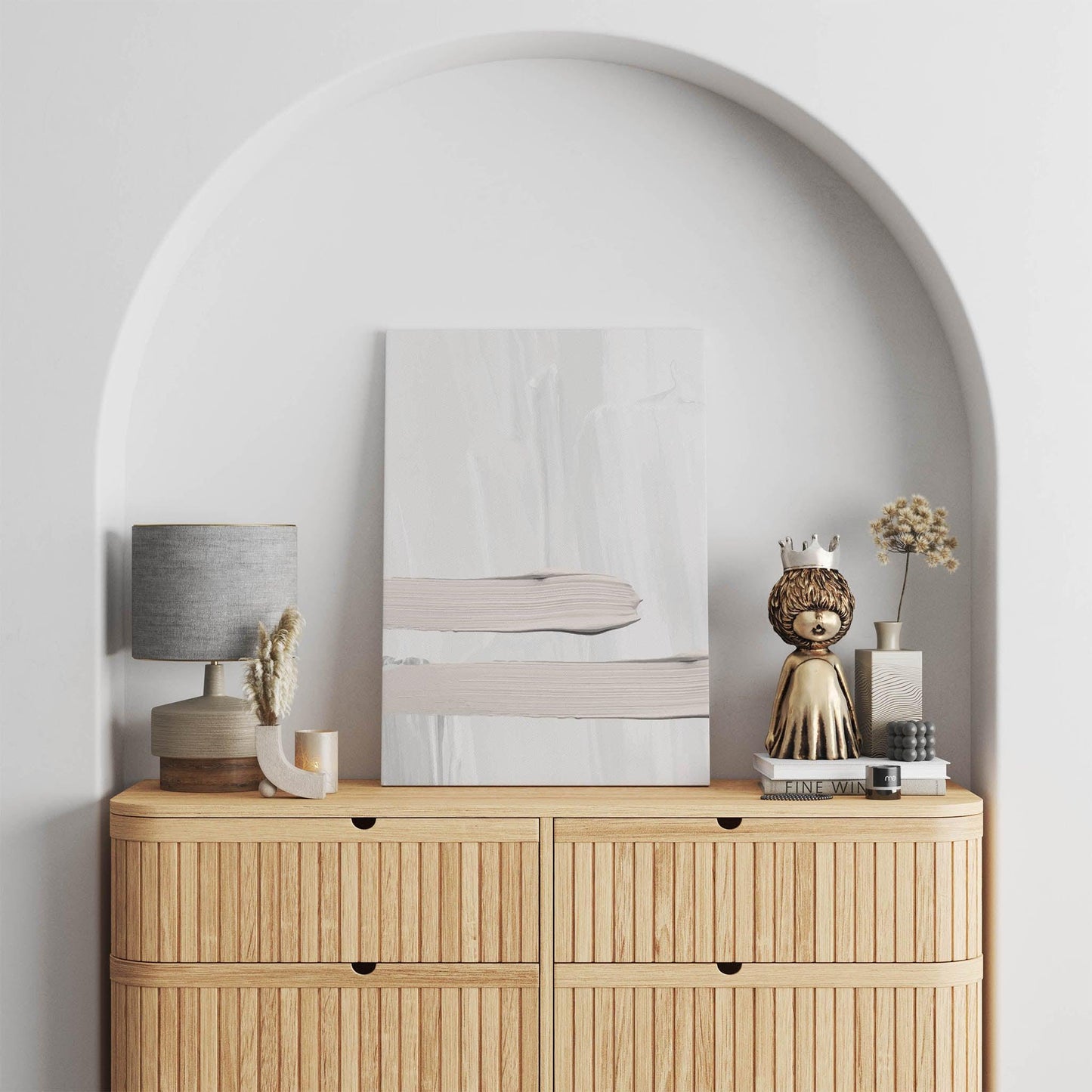 Minimalist abstract printable wall art featuring textured horizontal brushstrokes in soft beige on a light cream background, with gentle shadows for a serene and modern aesthetic