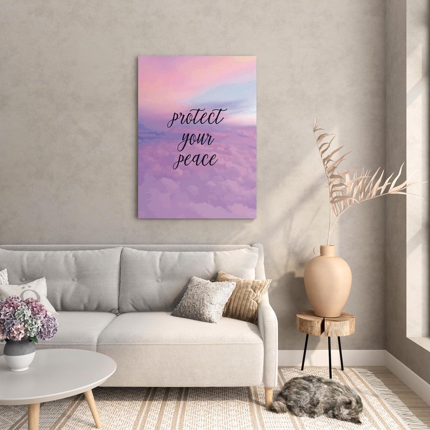 Serene printable wall art featuring the handwritten-style quote 'Protect your peace' in elegant black script over a dreamy pastel sky and clouds background with soft light reflections, perfect for self-care spaces, meditation rooms, or calming home decor