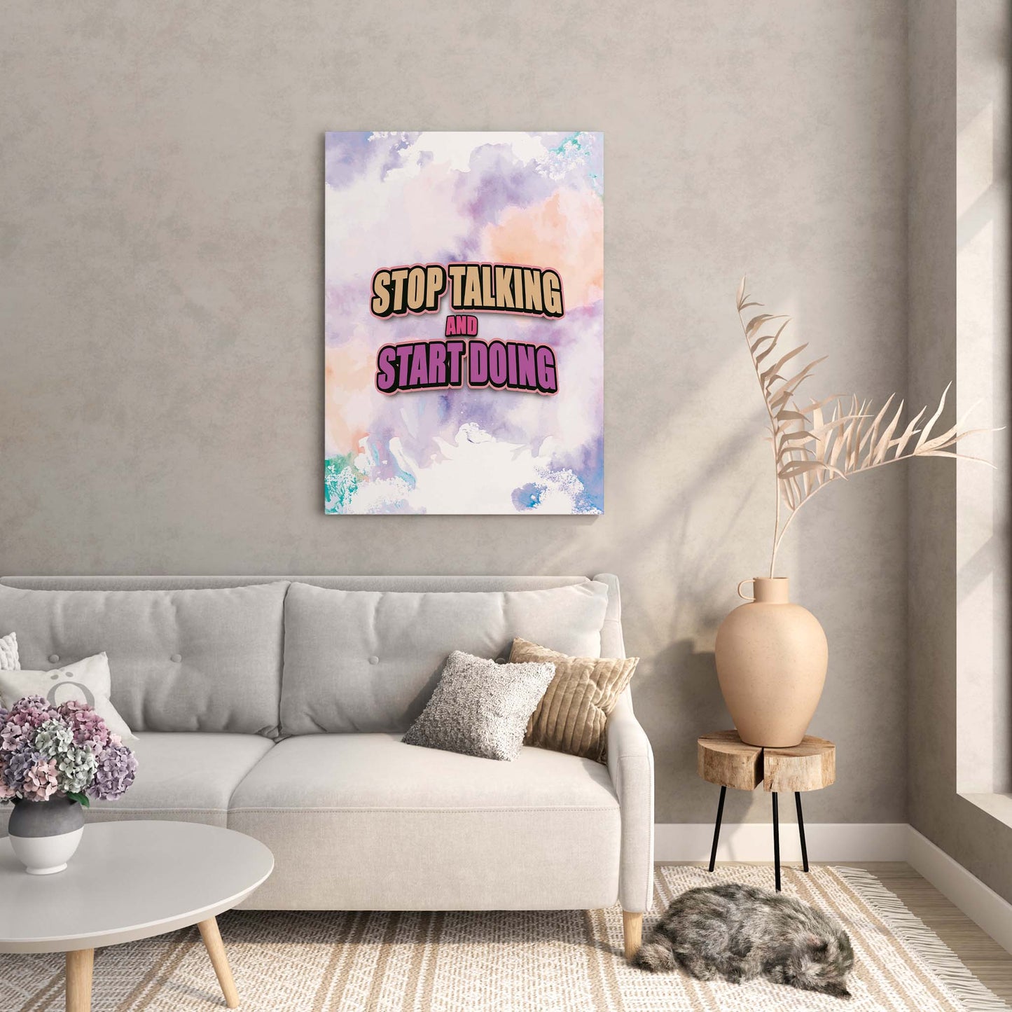 Bold motivational printable wall art featuring the quote 'Stop Talking and Start Doing' in dynamic beige and purple typography over a colourful pastel watercolour background, perfect for energising offices, gyms, or creative workspaces.